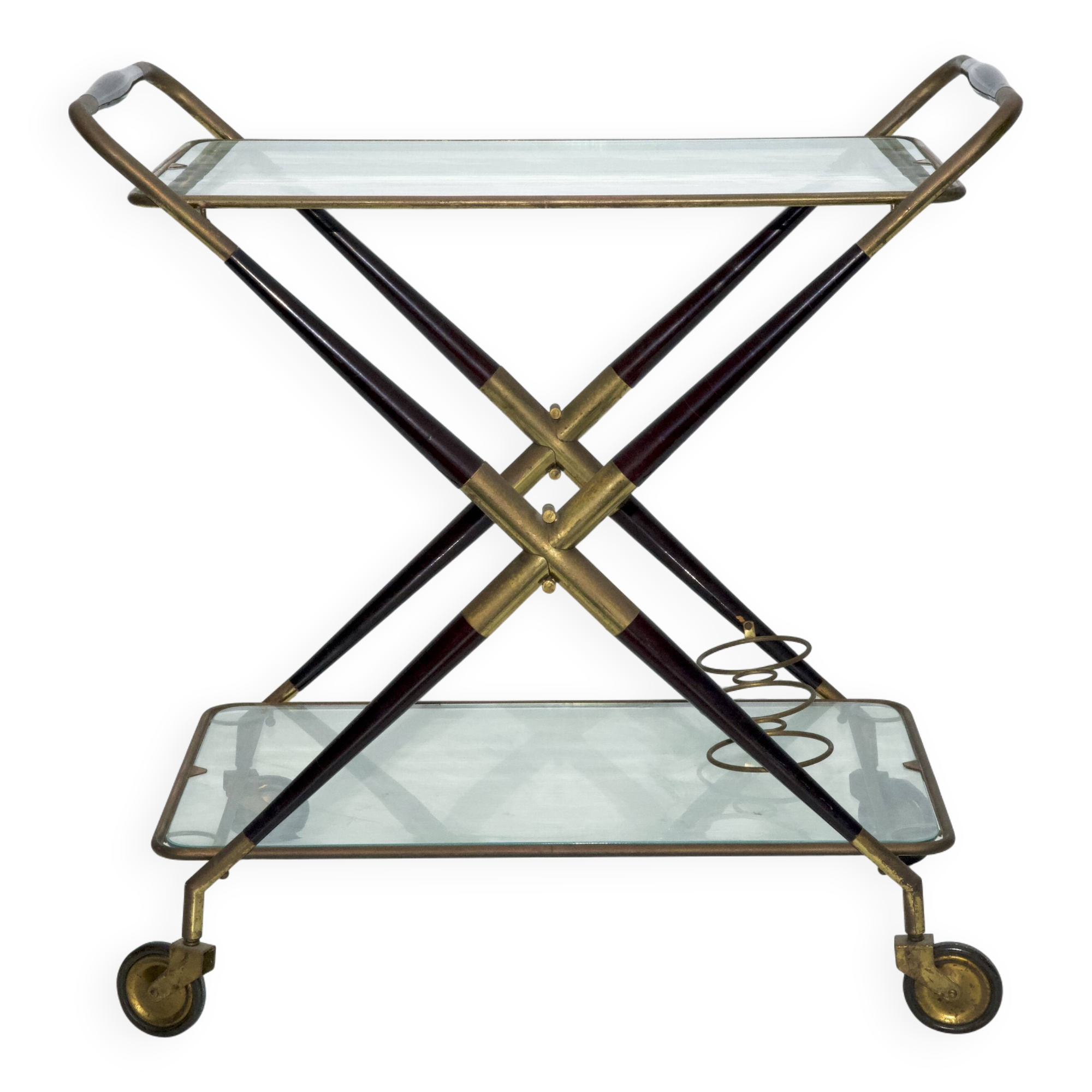 Cesare Lacca, Mid-Century Brass and Wood Bar Cart, Italy, 1950s
