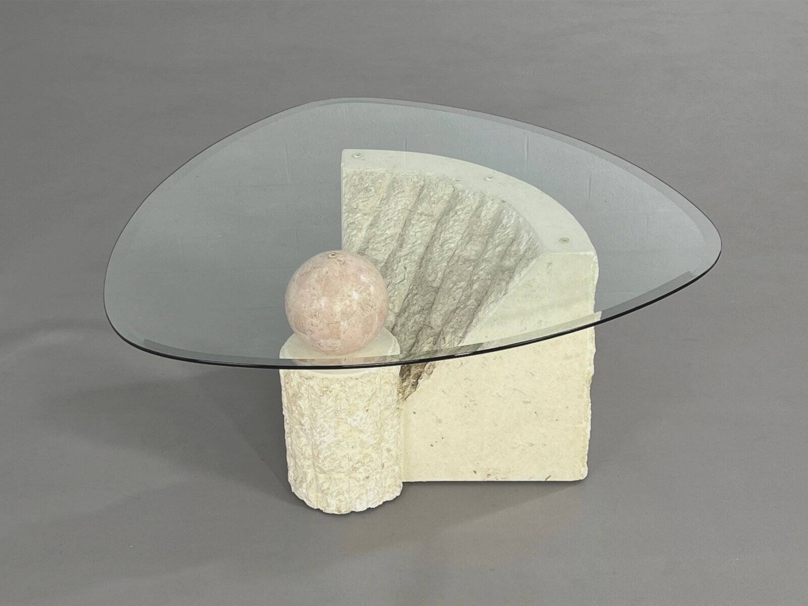 1980s coffee table with stone marquetry and glass top.