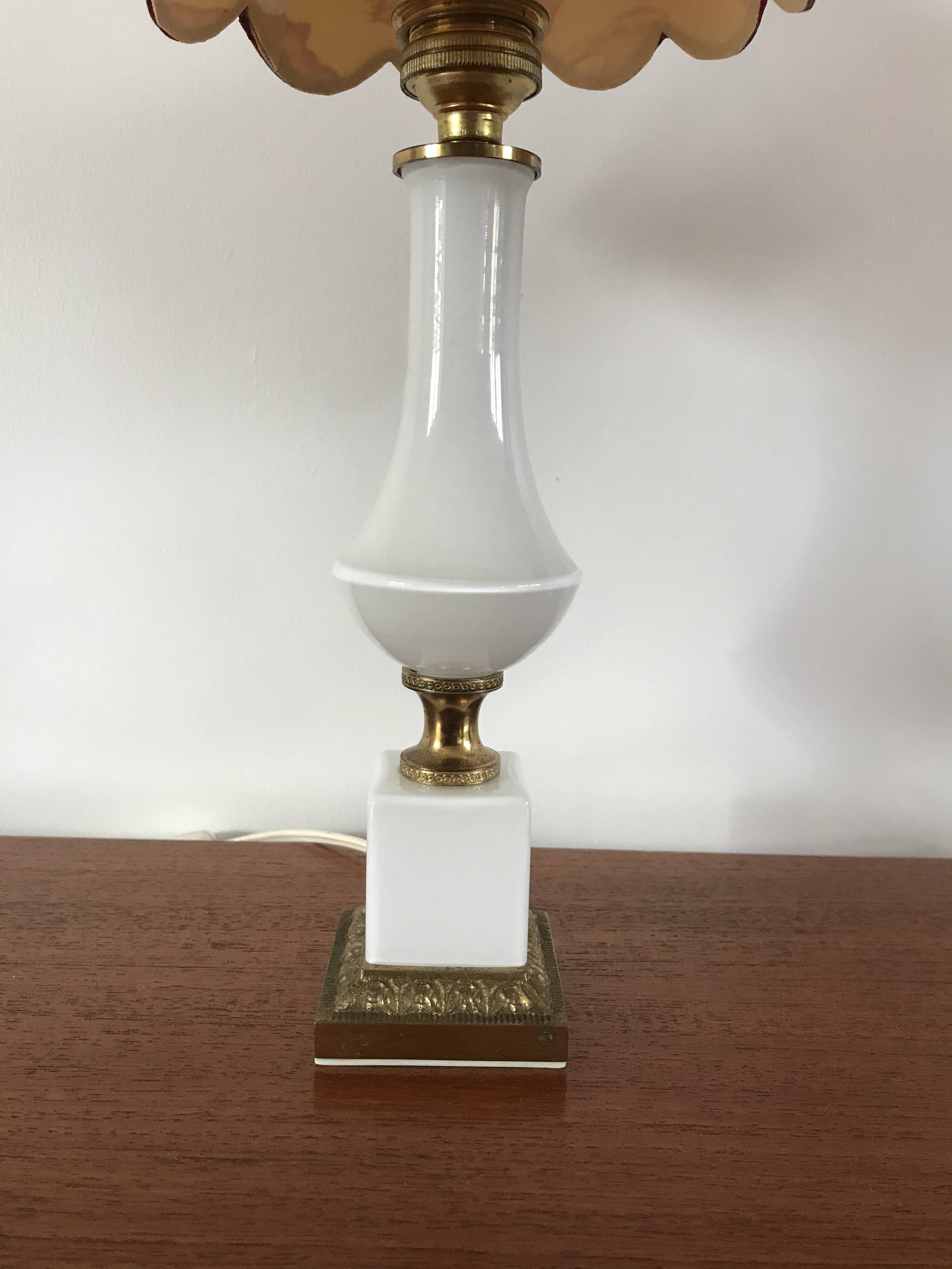 Pair of bedside lamps in opaline and brass toile de jouy lampshades 1950