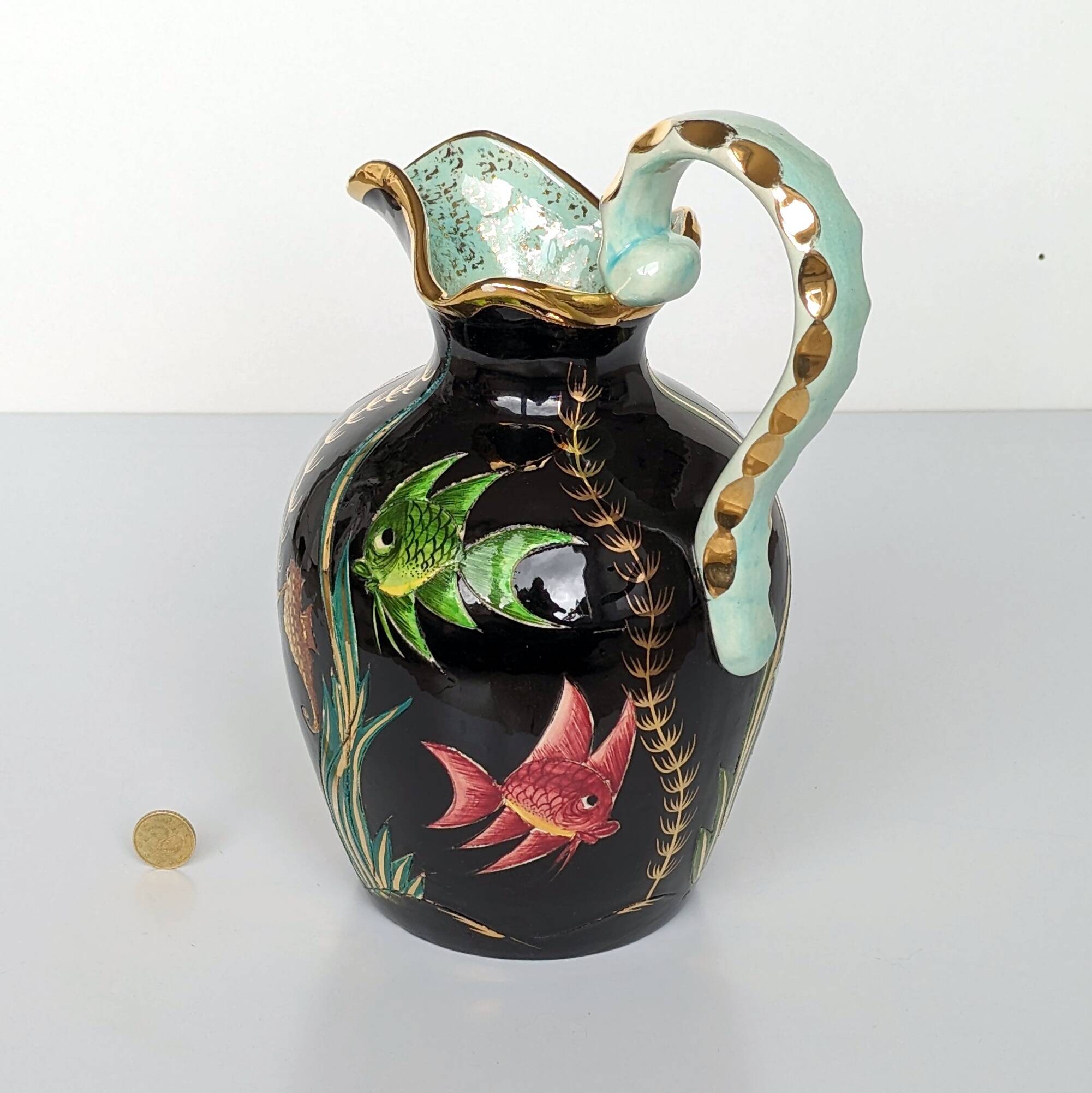 Large pitcher / Monaco vase in polychrome earthenware with bas relief decoration of fish on a seabed