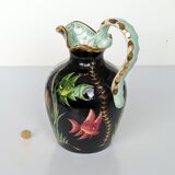 Large pitcher / Monaco vase in polychrome earthenware with bas relief decoration of fish on a seabed