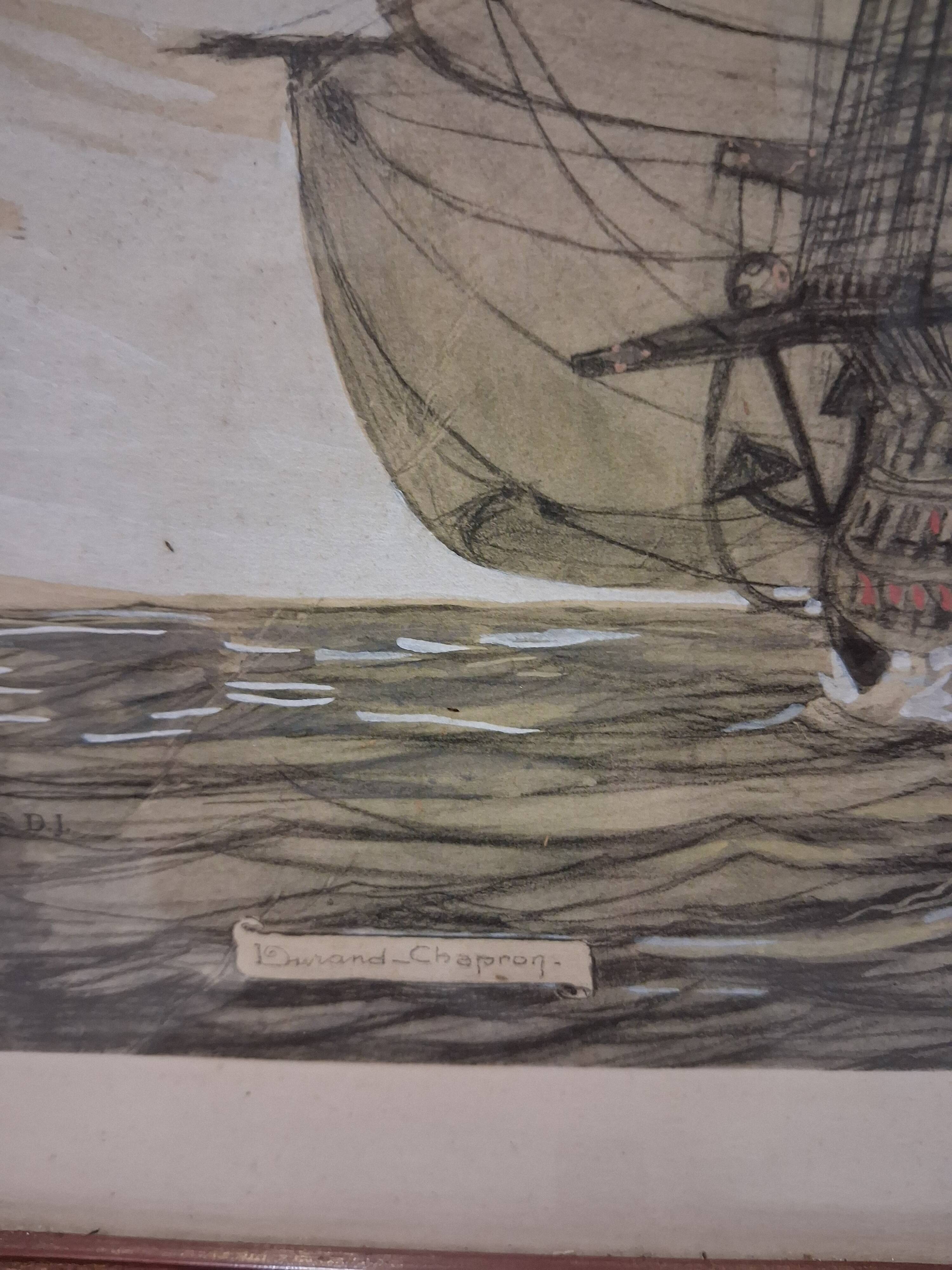 Drawing of an 18th-century ship, enhanced impression with gouache, Durand-Chapron.