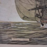 Drawing of an 18th-century ship, enhanced impression with gouache, Durand-Chapron.