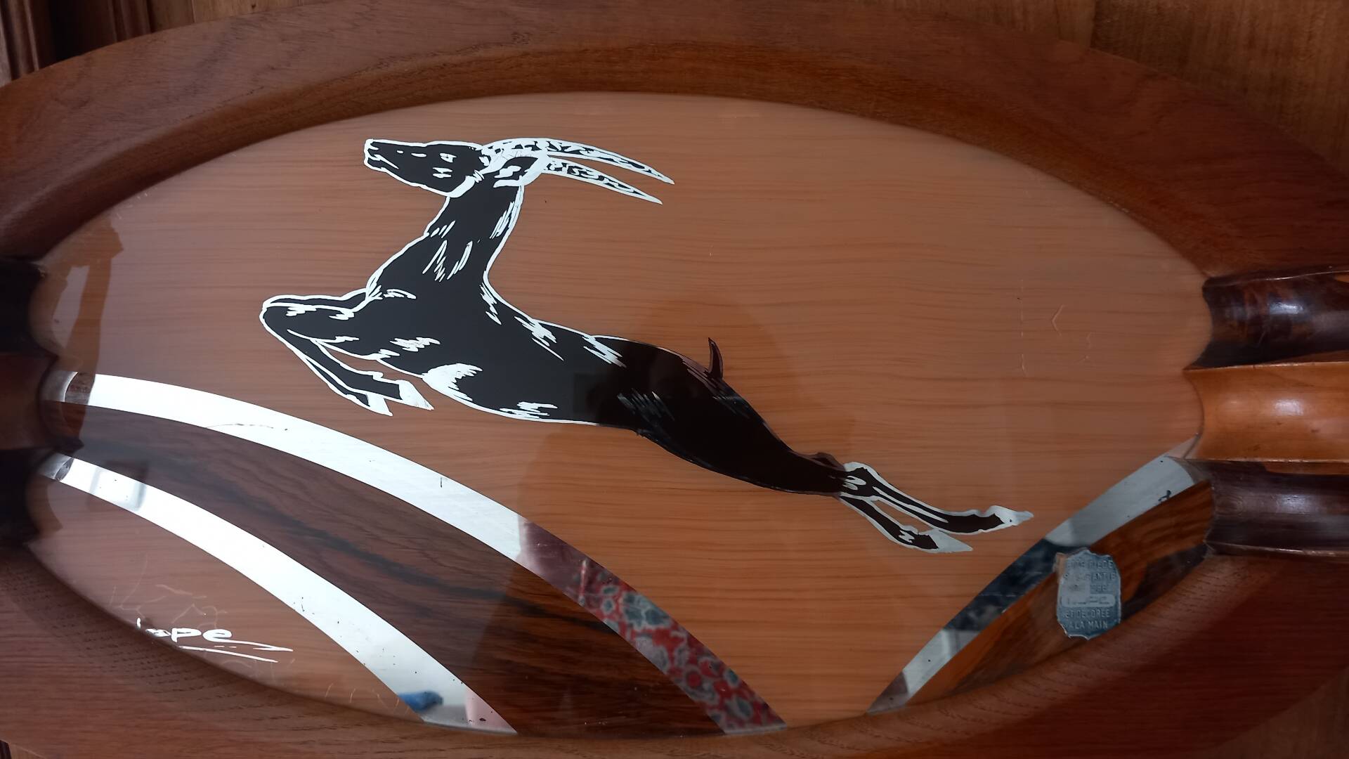 Art Deco service tray in wood and mirror signed Dope, 1930s.