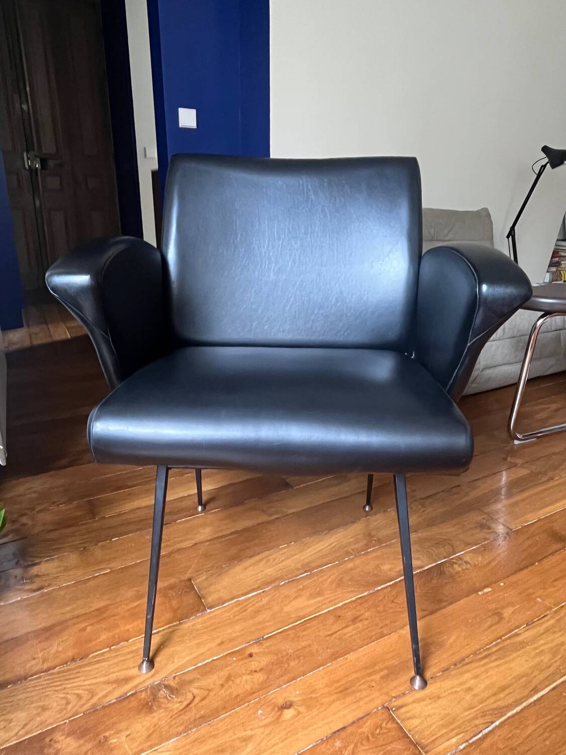 Vintage armchair in faux leather and black steel, 1950s.