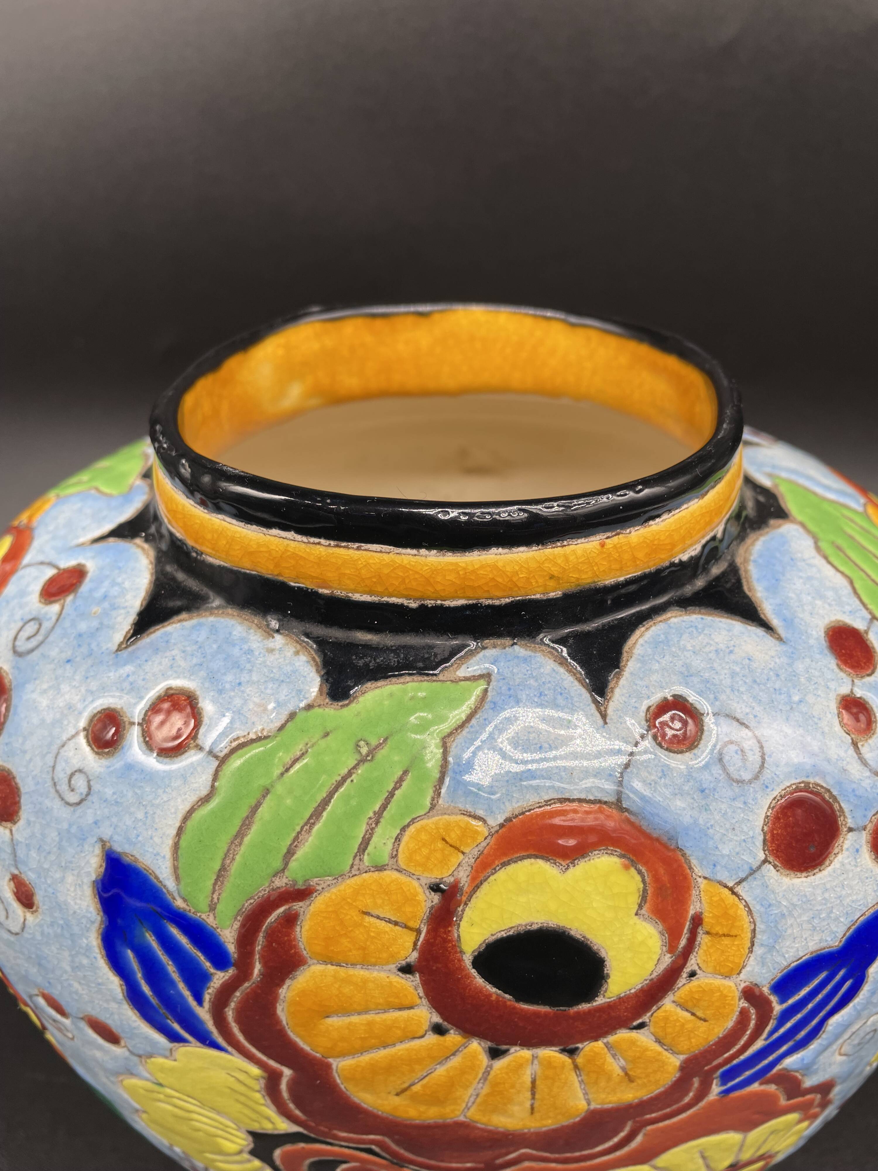 Ovoid vase, charles catteau, keramis, art deco period, fine earthenware, floral enamel decoration, vase col