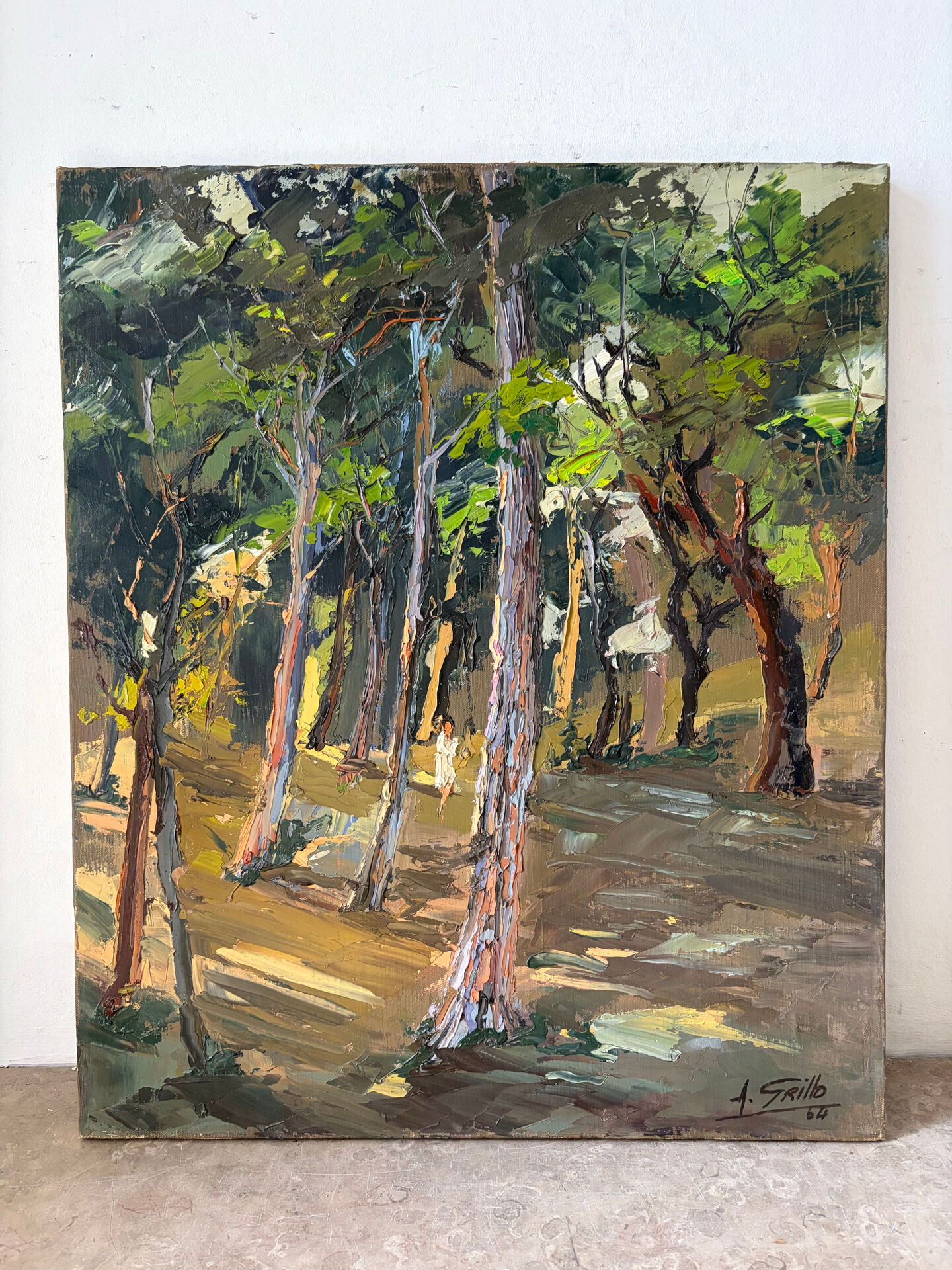 La clairière, huile à couteau, signée F Grillo