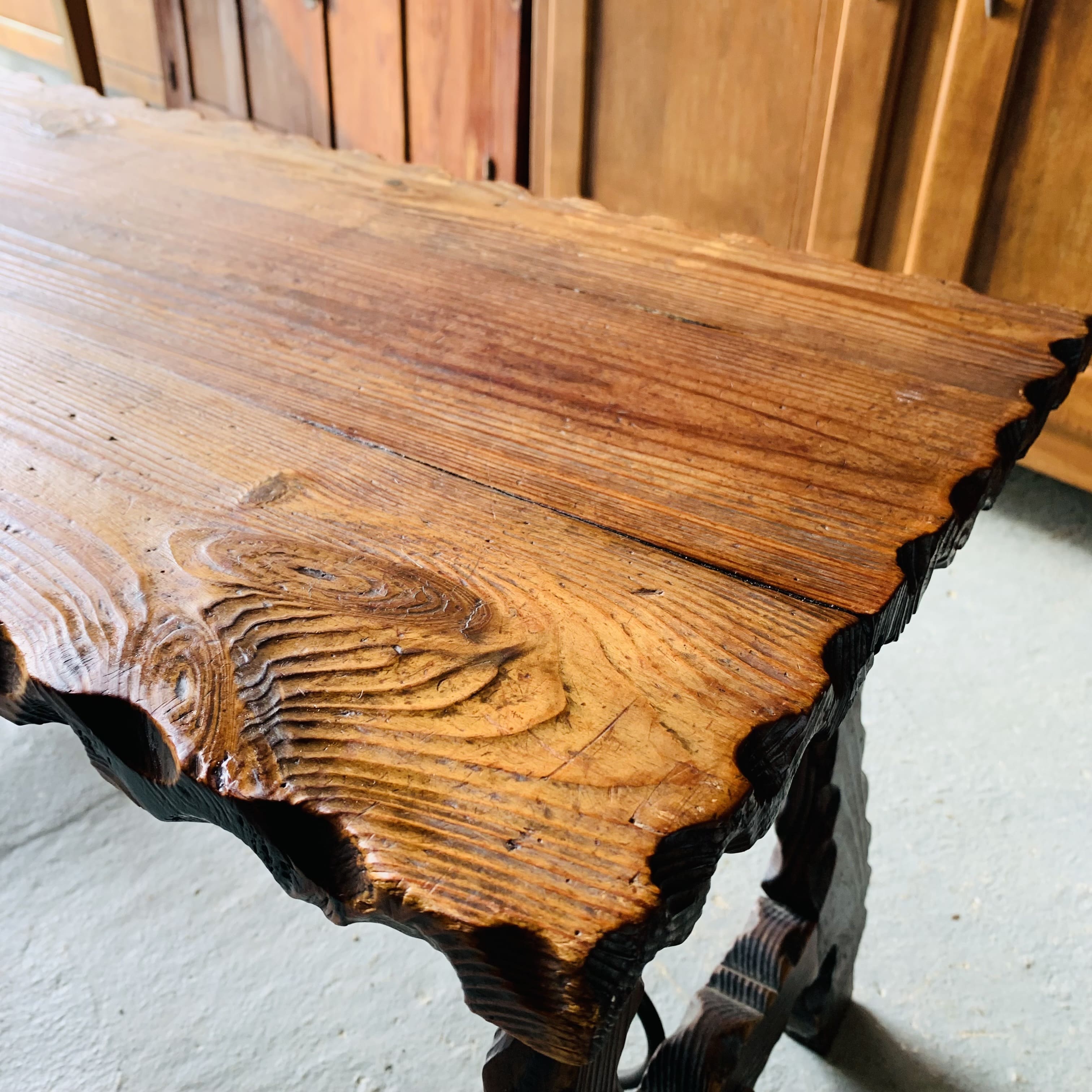 Brutalist coffee table in wood and wrought iron
