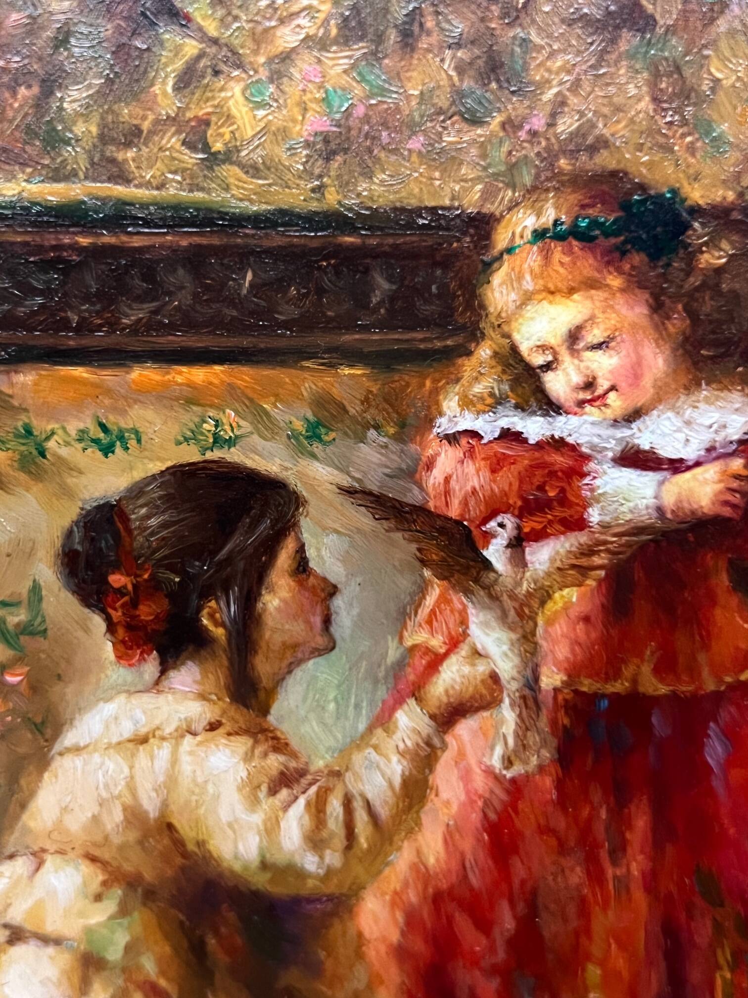 R. de Greef. “Girl with a bird” genre painting.