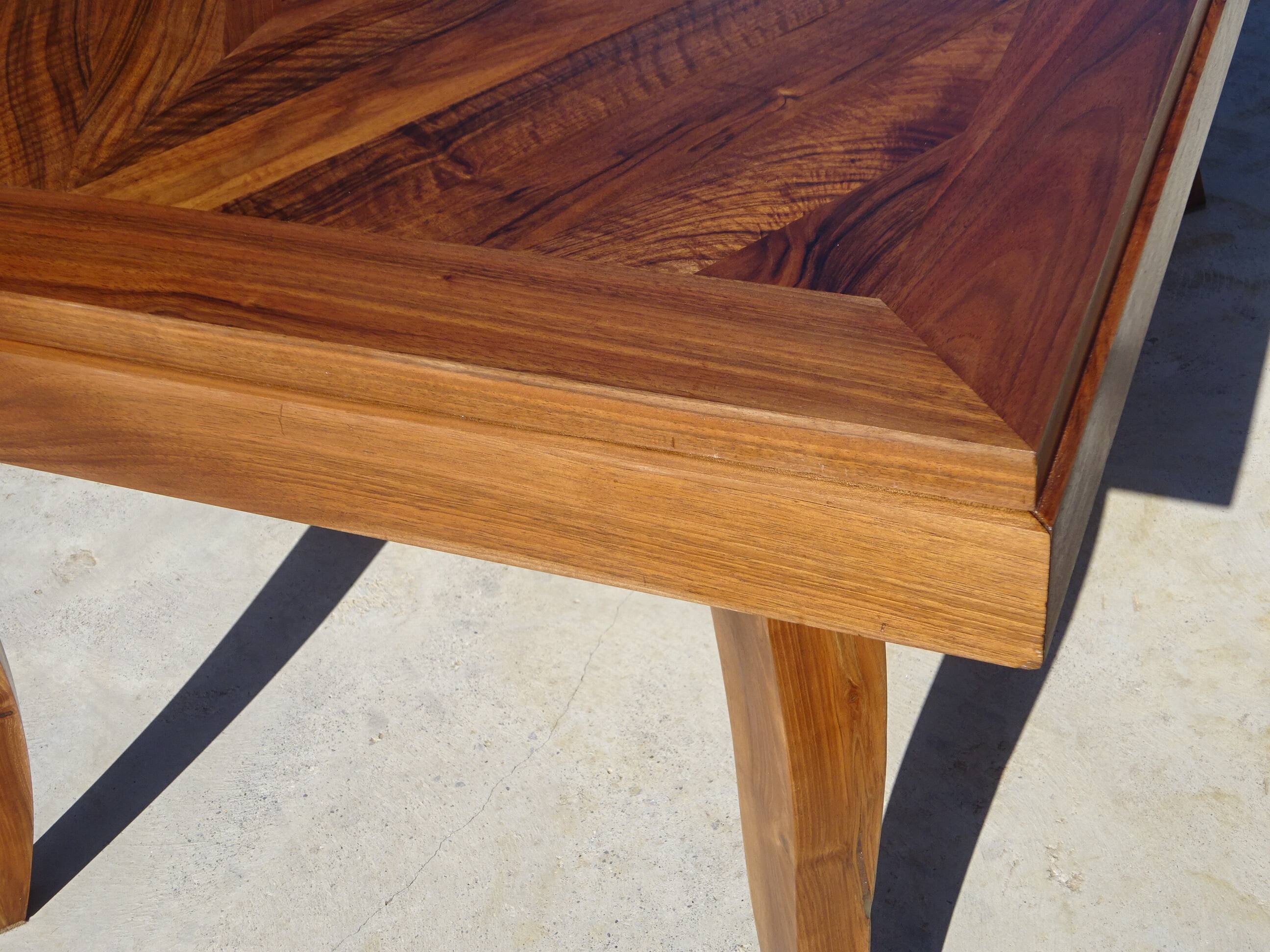 Antique solid walnut table with marquetry and extensions.