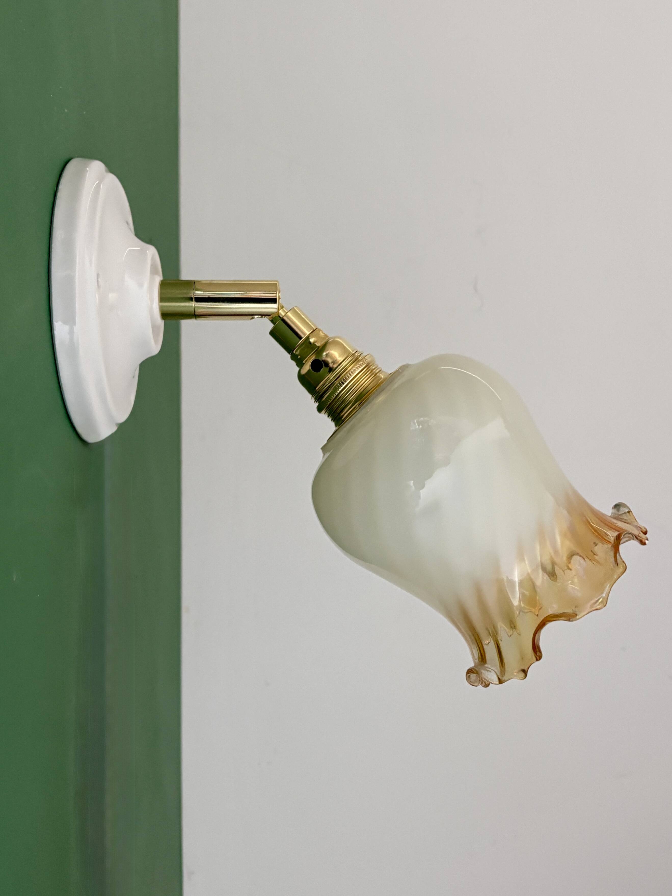 Vintage tulip wall light in white and amber glass