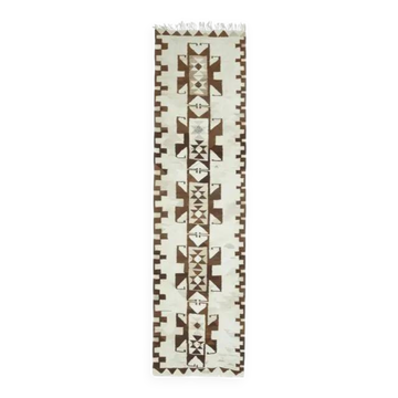 1970s Vintage Turkish Hand-Knotted Wool Cotton Beige Runner Rug 90x340