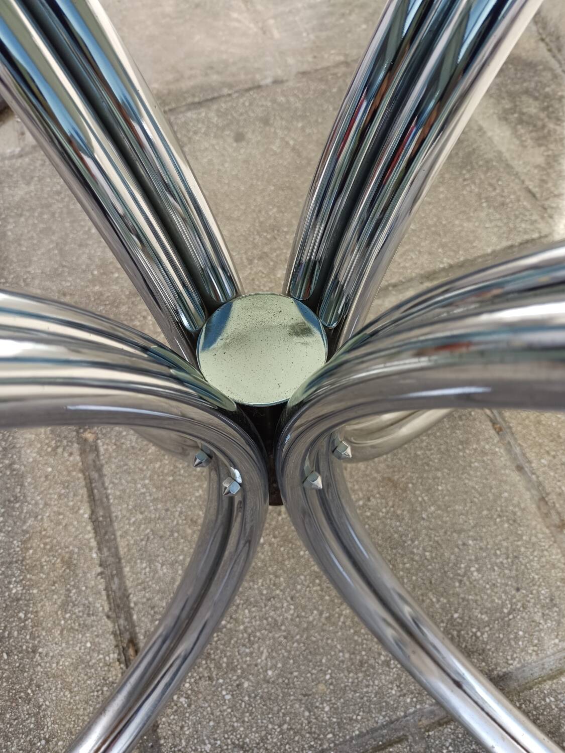 Chromed metal and smoked glass table