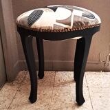 Black wood piano stool Art Deco fabric restoration upholstery 1950 living room decoration