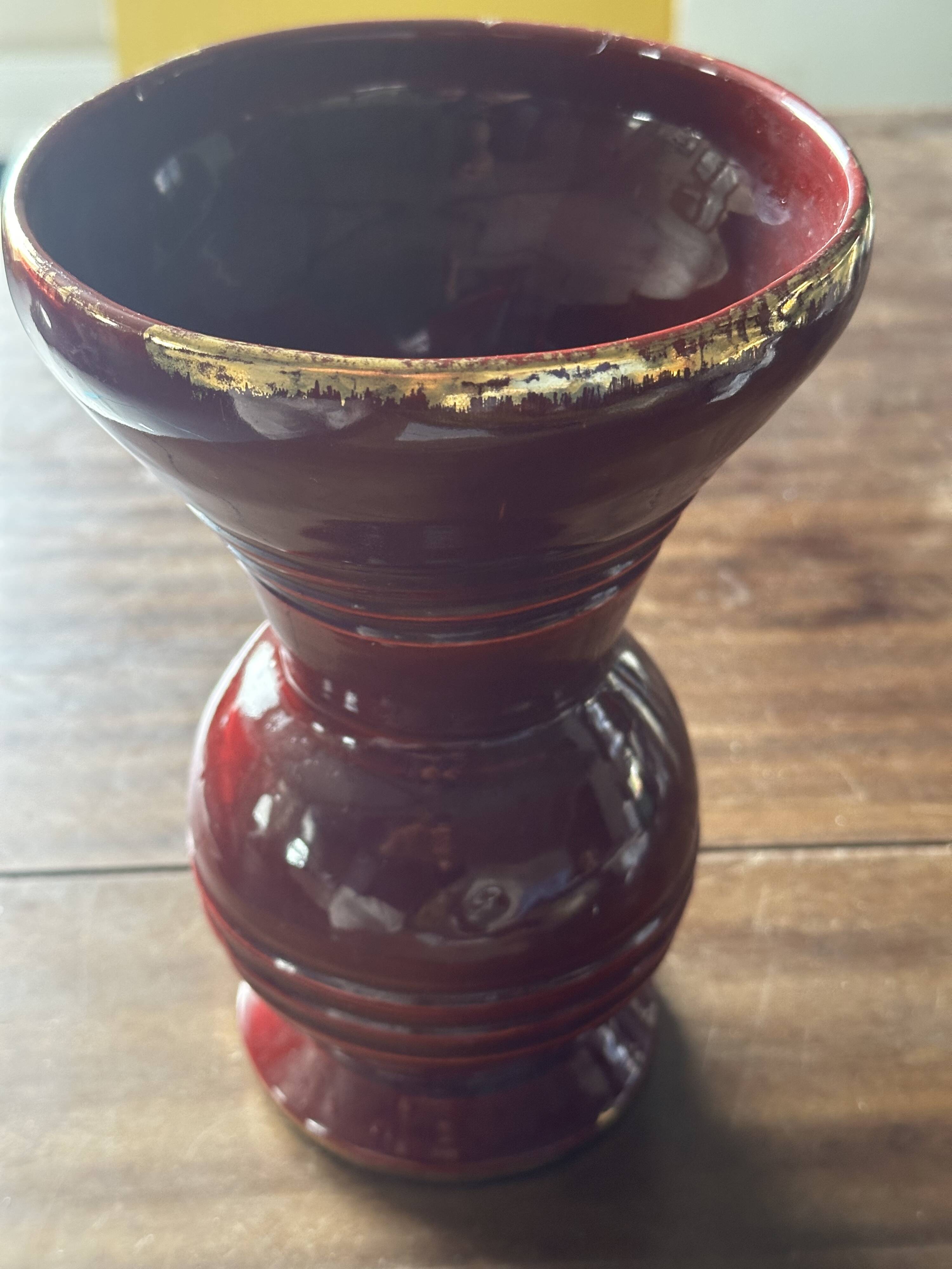 Ringed ceramic vase from Louviers, red and gold, 1950s