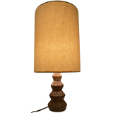 Brutalist ceramic "cork" tabl lamp, Teddy fabric shade. Dutch 1960s