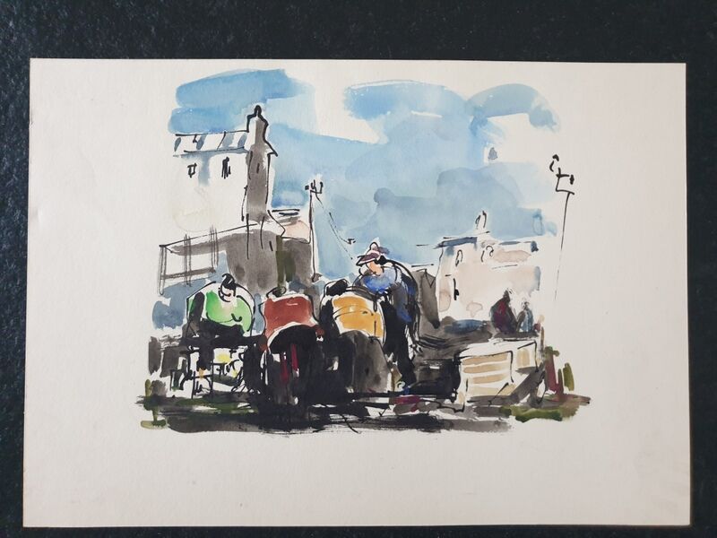 Aquarelle sur papier "Village de pécheurs", André Duculty (1912-1990)