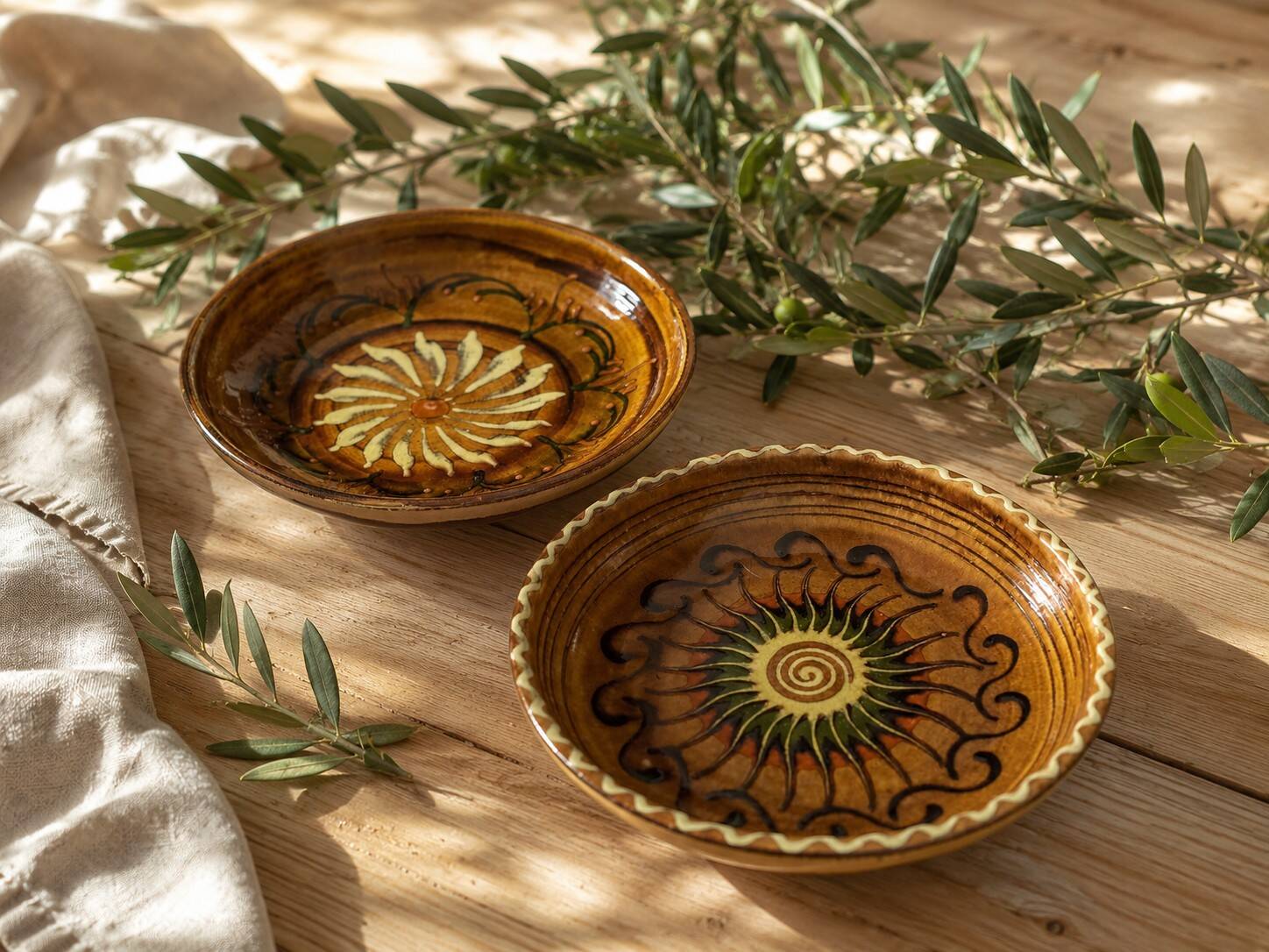 Duo d’assiettes creuses en terre vernissée à décor solaire