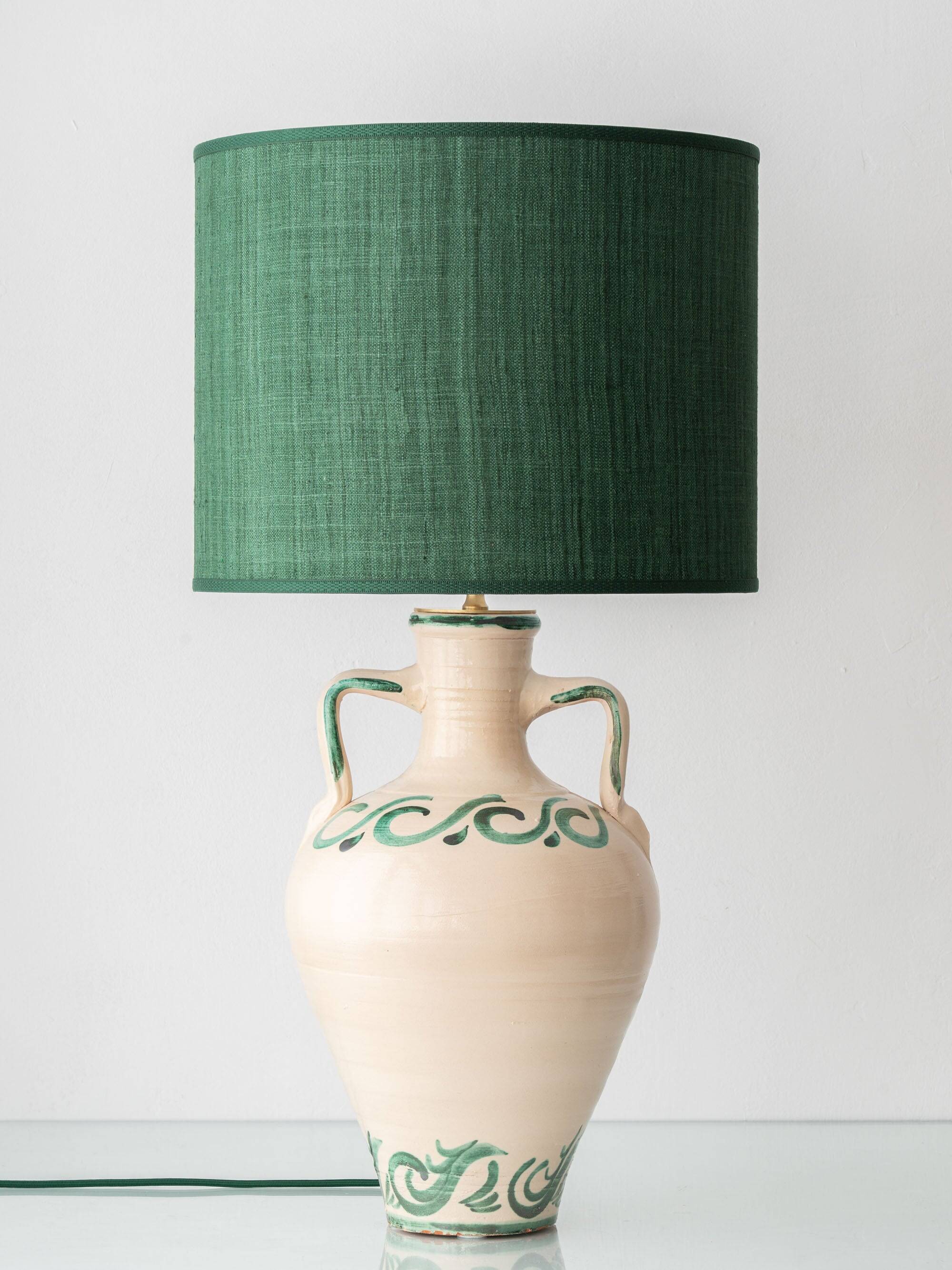 Spanish Revival Ceramic Table Lamp from Granada, New Green Silk Shade