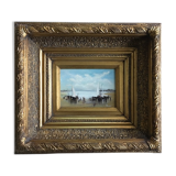 Marine painting with oil on wood signed and large gilded frame