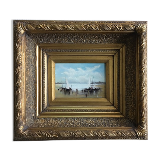 Marine painting with oil on wood signed and large gilded frame