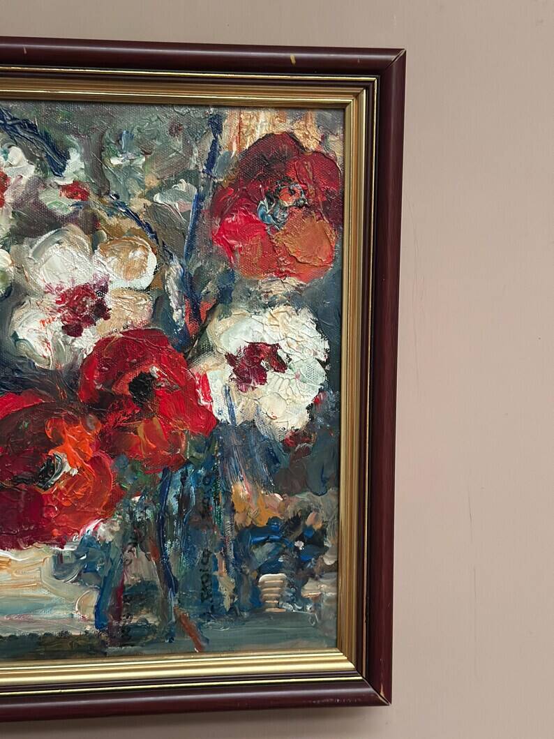 Swedish Oil on Canvas“Red Poppies and White Blossoms” by L. Stokes, Vintage