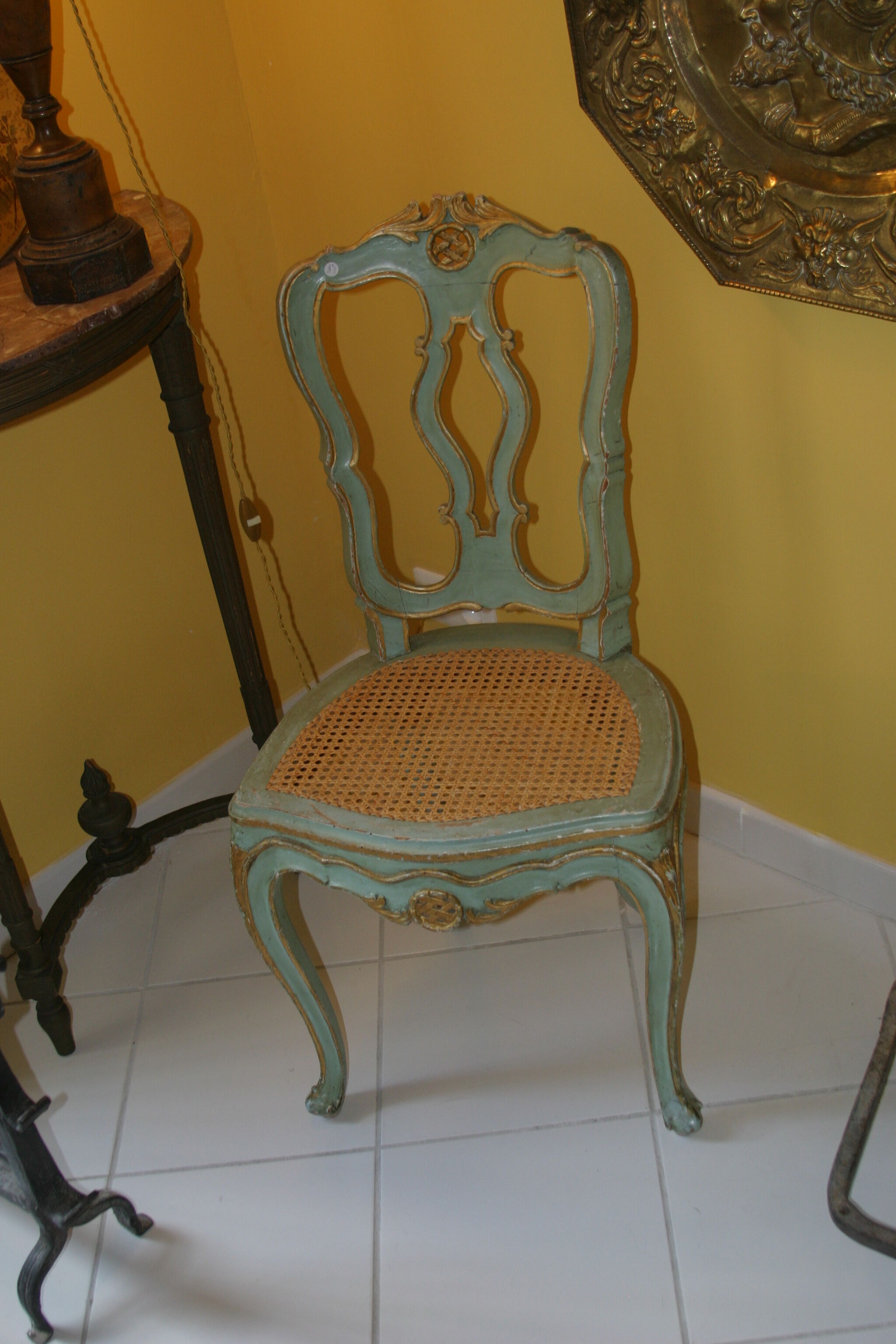 Venetian chair in patinated wood and redone caning