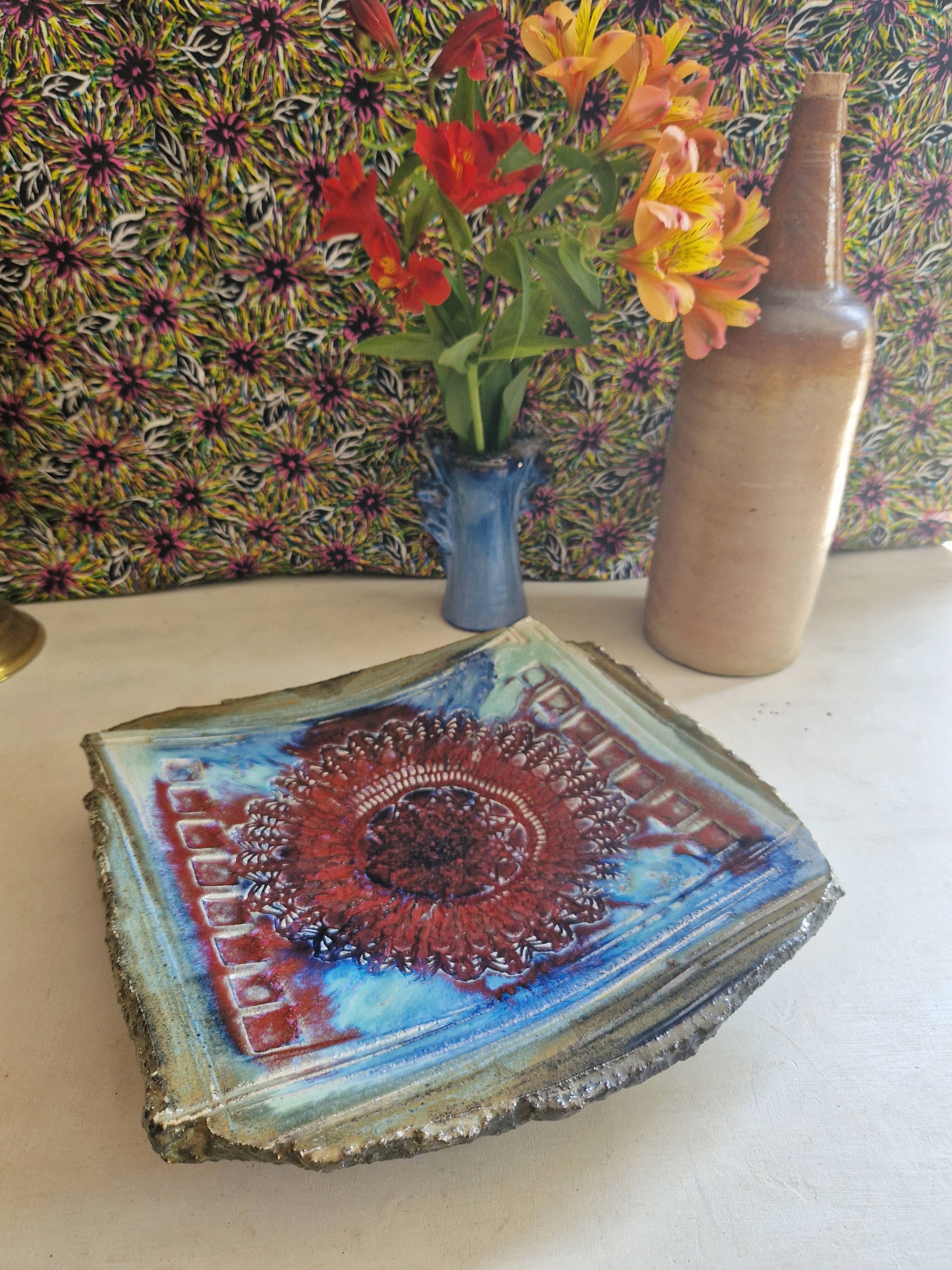 Dish on feet or storage compartment in enameled stoneware signed gerard tridot france