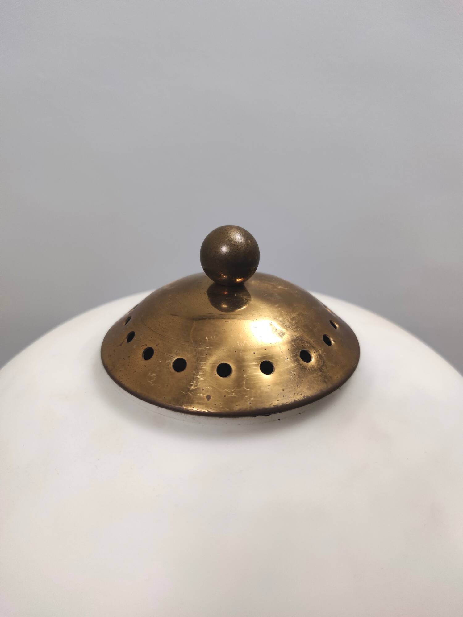 Opaline Glass, Beech and Brass Floor Lamp with Marble Base, Italy