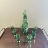 Vintage green bubble decanter and its 6 glasses