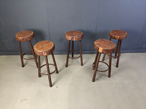 5 tabourets de bar en tronc d'arbre, années 1970