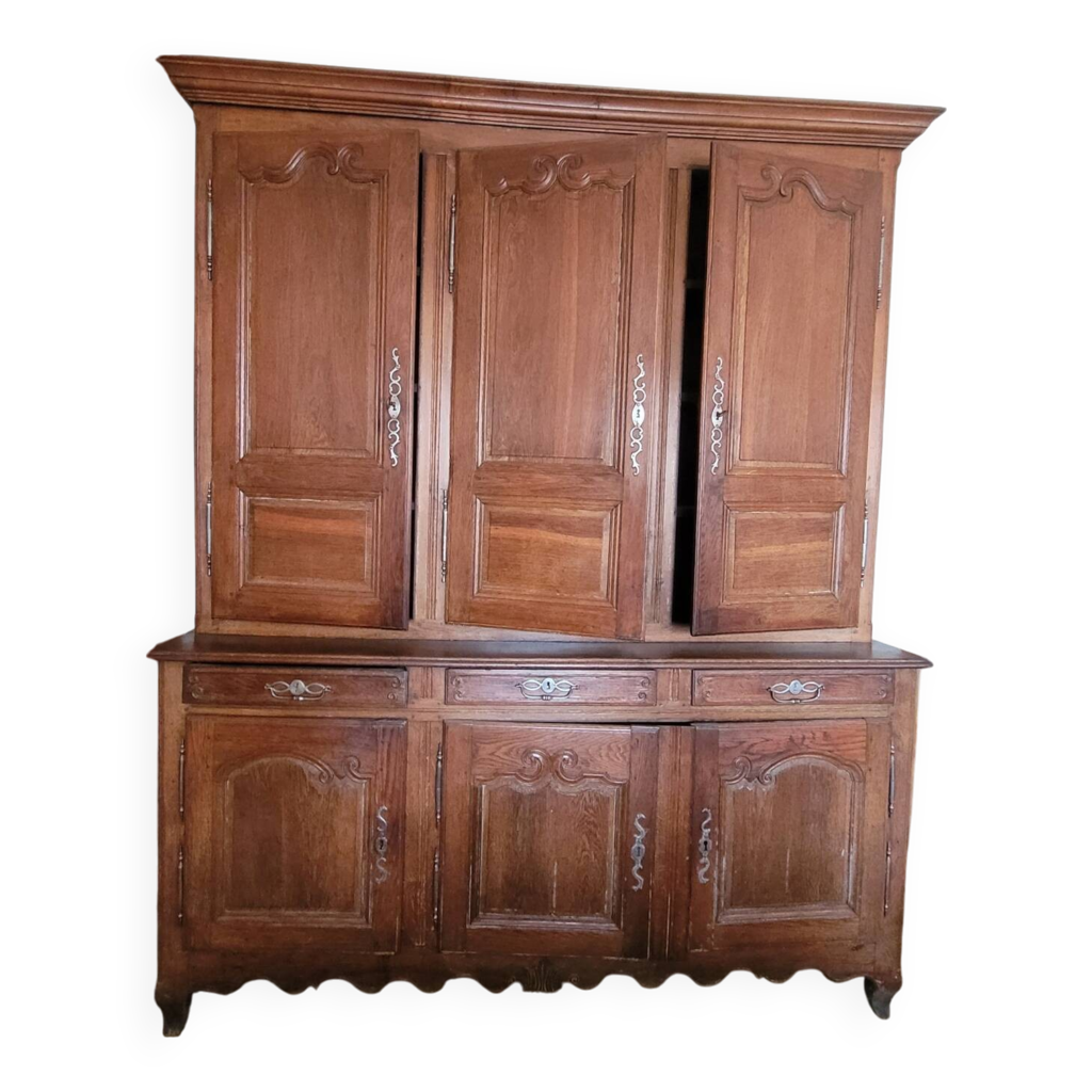 Grand Vaisselier Ancien En Bois Gris - Armoire Haute 234,5 X 140 X 49 Cm - Très Bon état