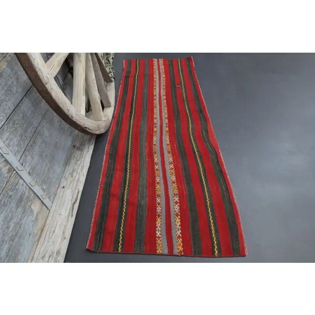 Vintage Turkish Oushak Handmade Wool Cotton Black Red Runner Rug 70x200