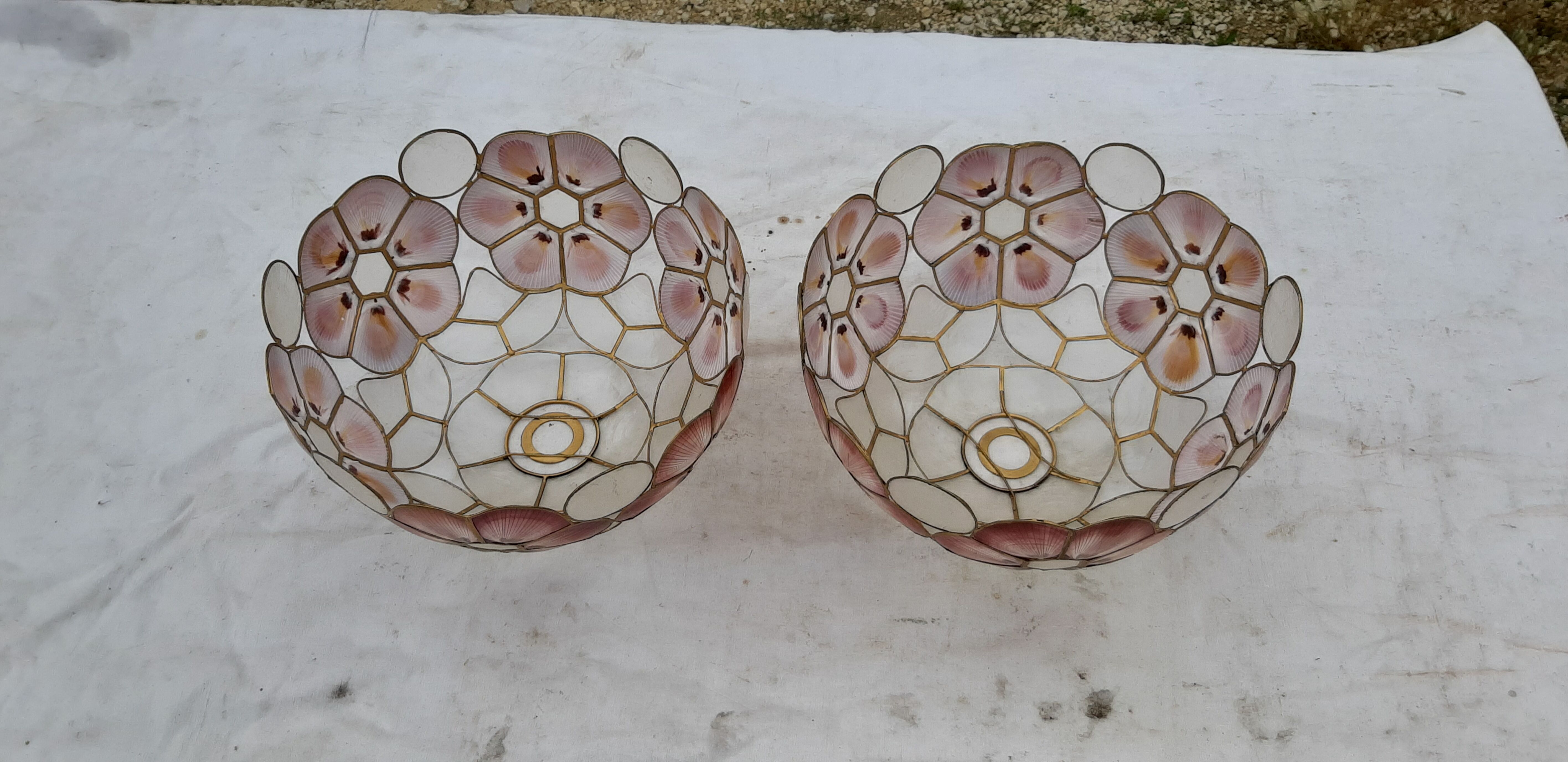 Pair of vintage pendant lamps in brass mother-of-pearl and shells