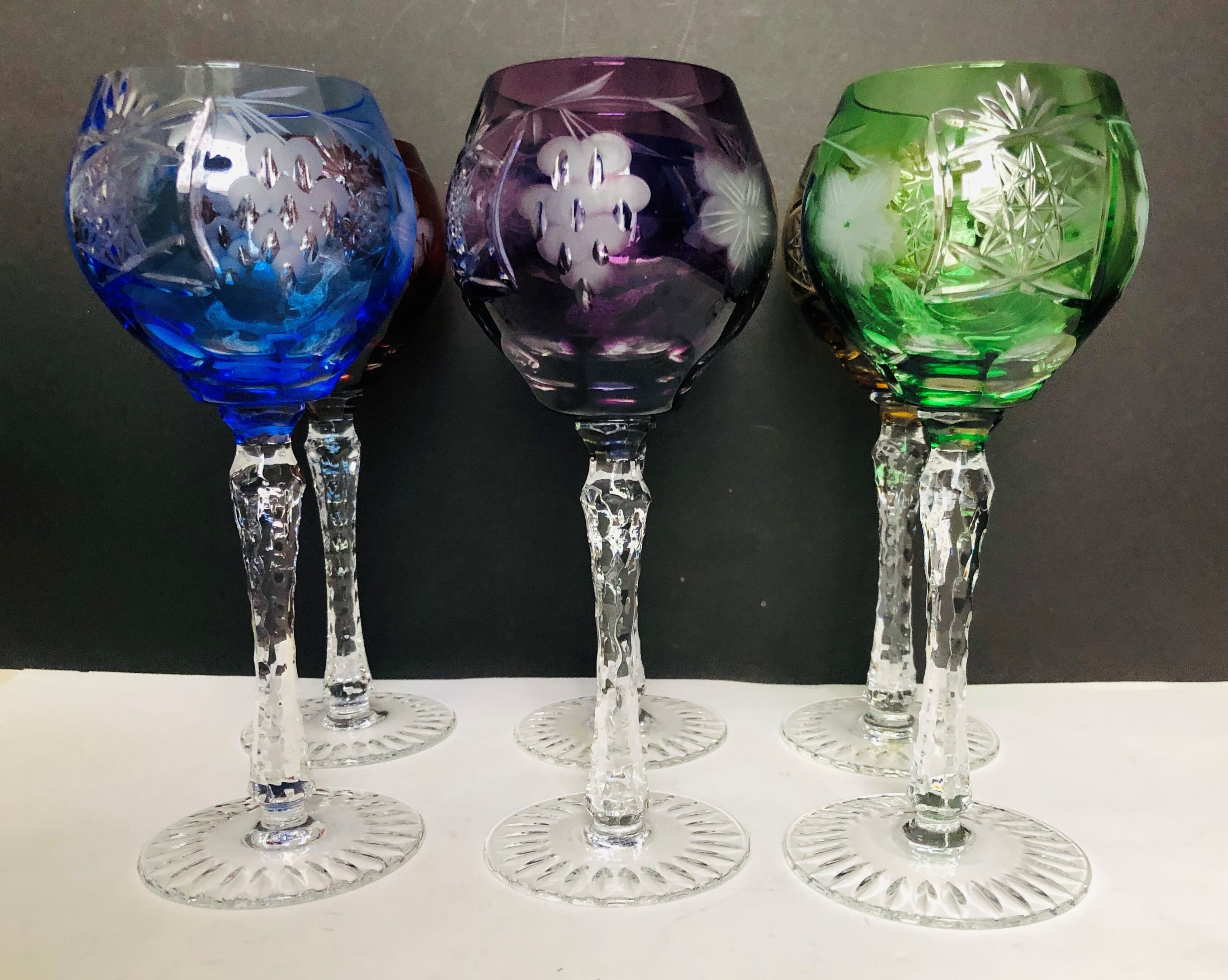Set of six colored cut crystal wine glasses