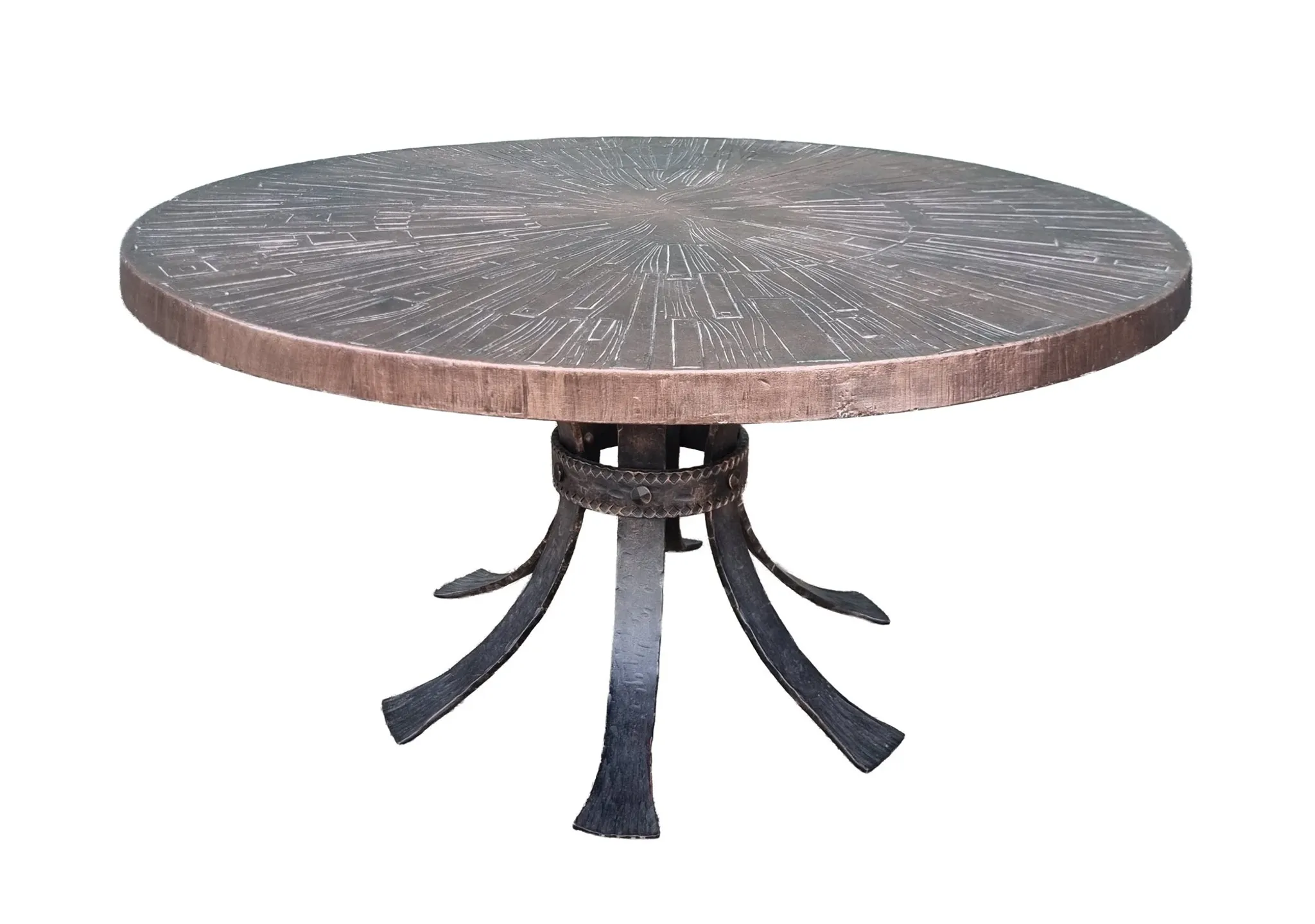 Brutalist wrought iron round coffee table with bronze-coloured top – 1970s