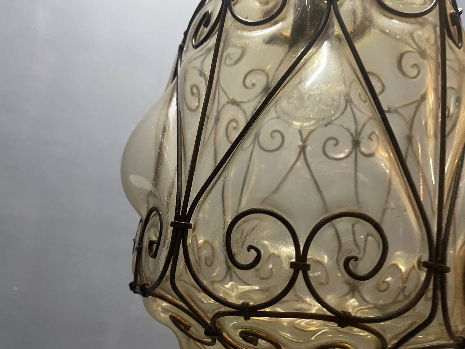 Wrought Iron Murano Glass Latern Light Pendant 1950’s