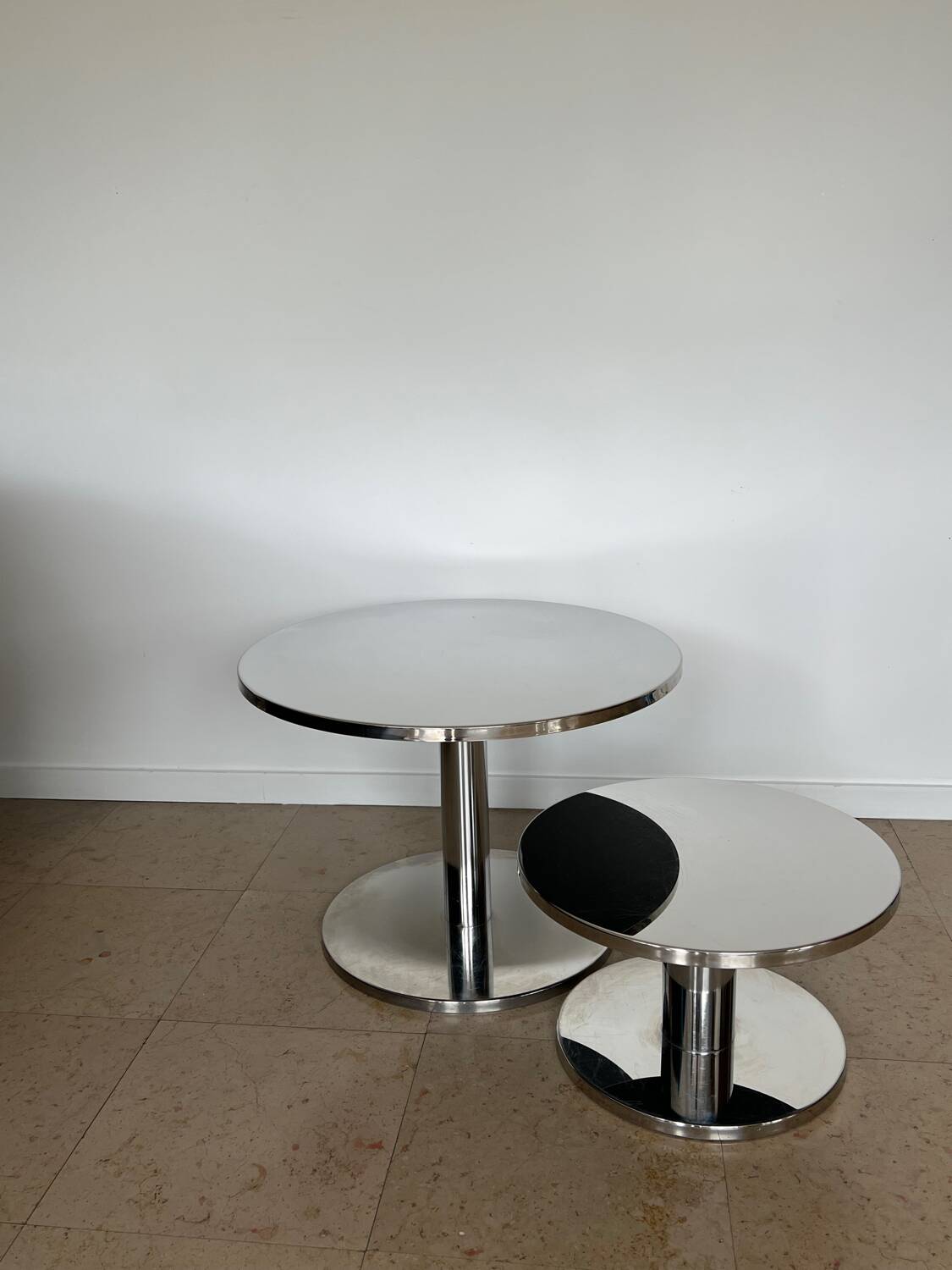 Set of Ligne Roset ‘bobine’ tables, 27.5” & 20” by Michael Koenig