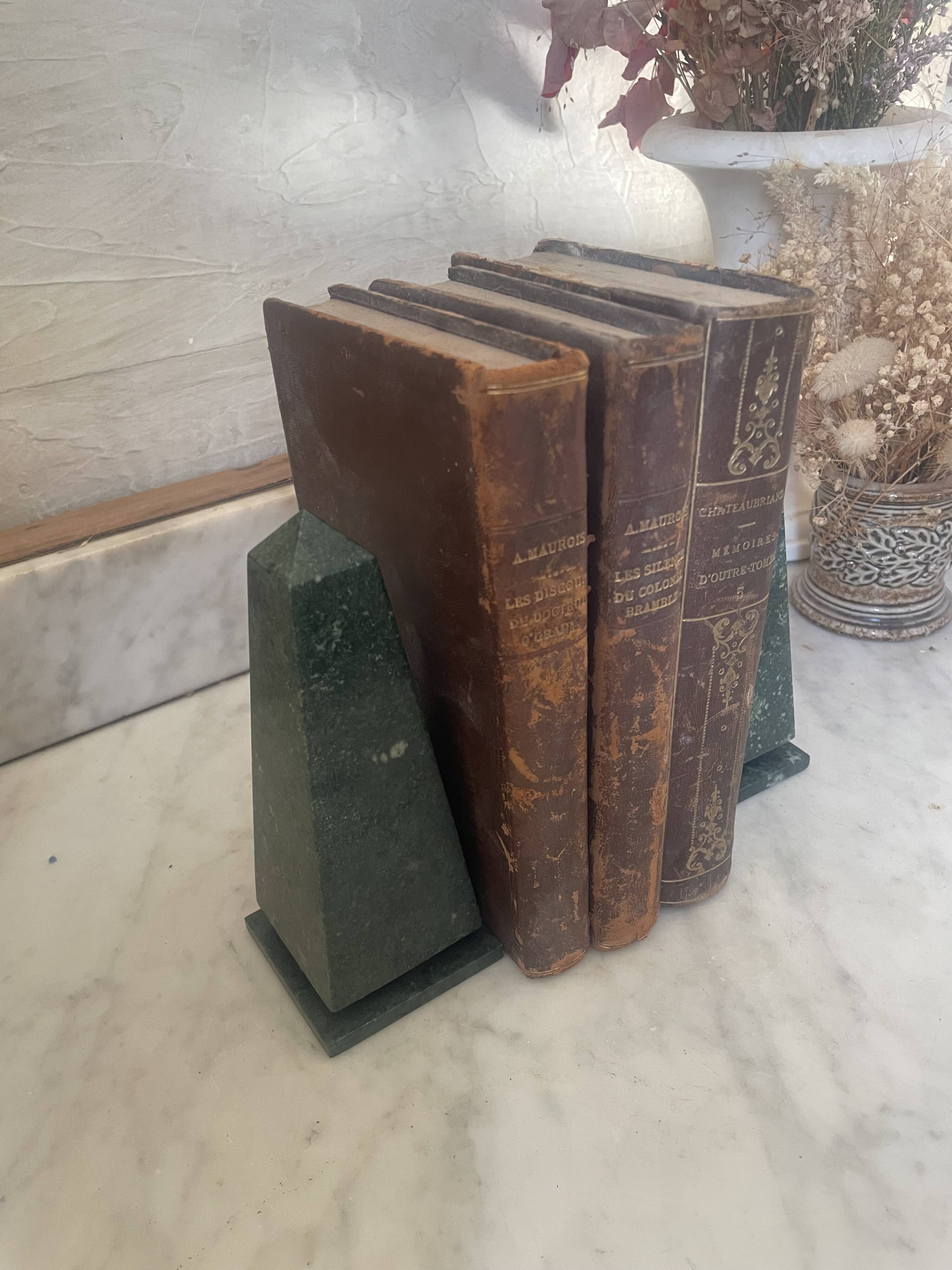Pair of green marble obelisk bookends
