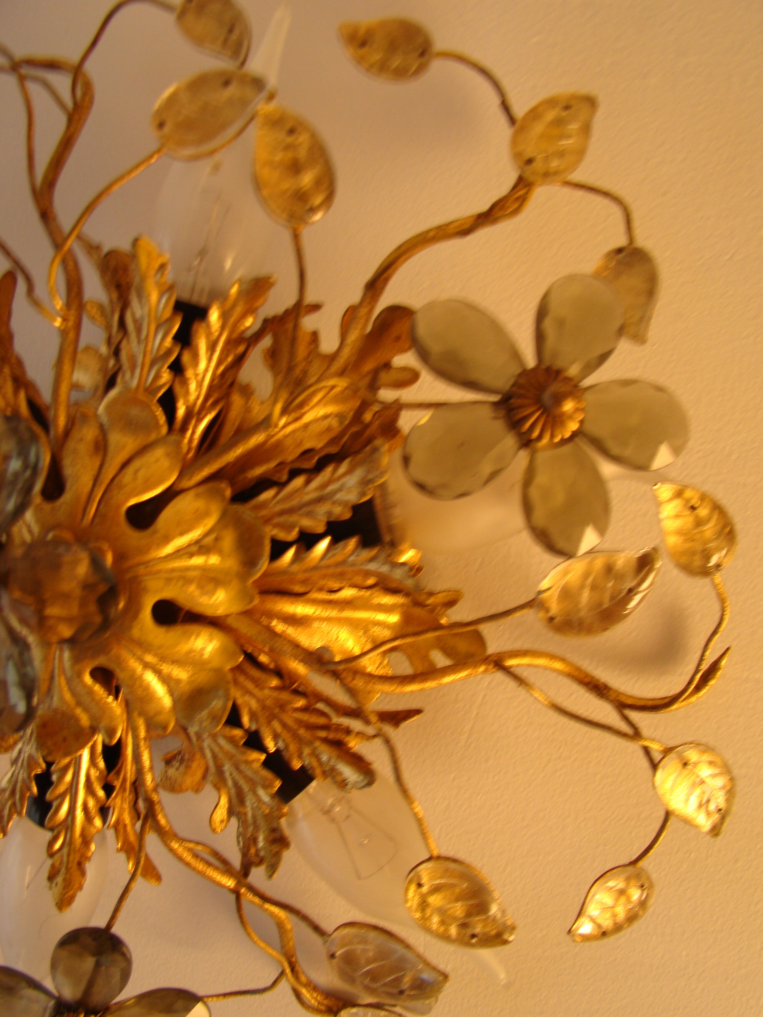 Vintage wall lamp or ceiling lamp in golden metal, glass flowers