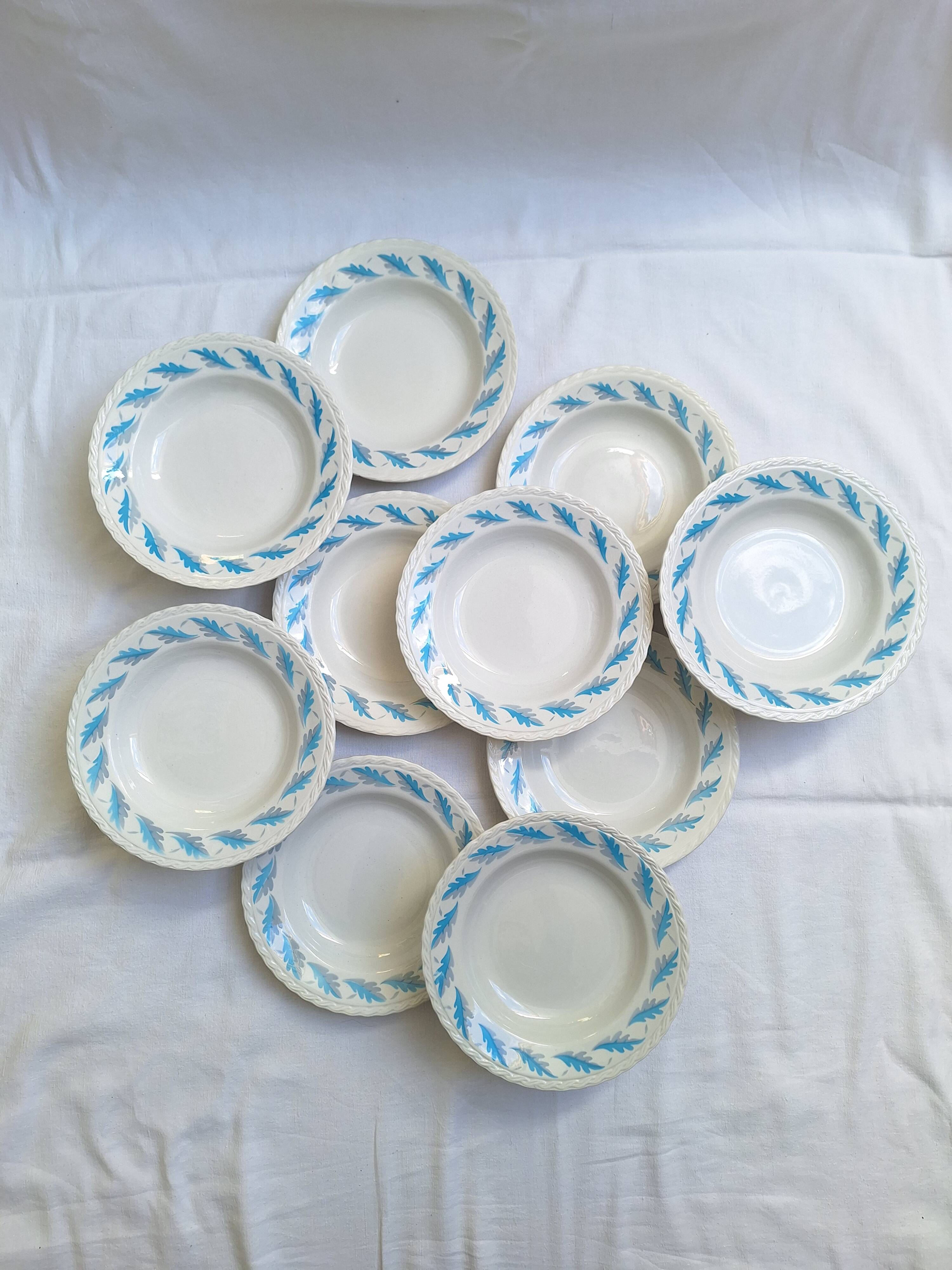 10 Amandinoise soup plates with blue oak leaves