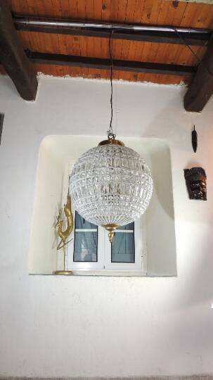 Spherical pendant light with crystal tassels and seed beads / vintage.