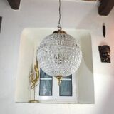 Spherical pendant light with crystal tassels and seed beads / vintage.