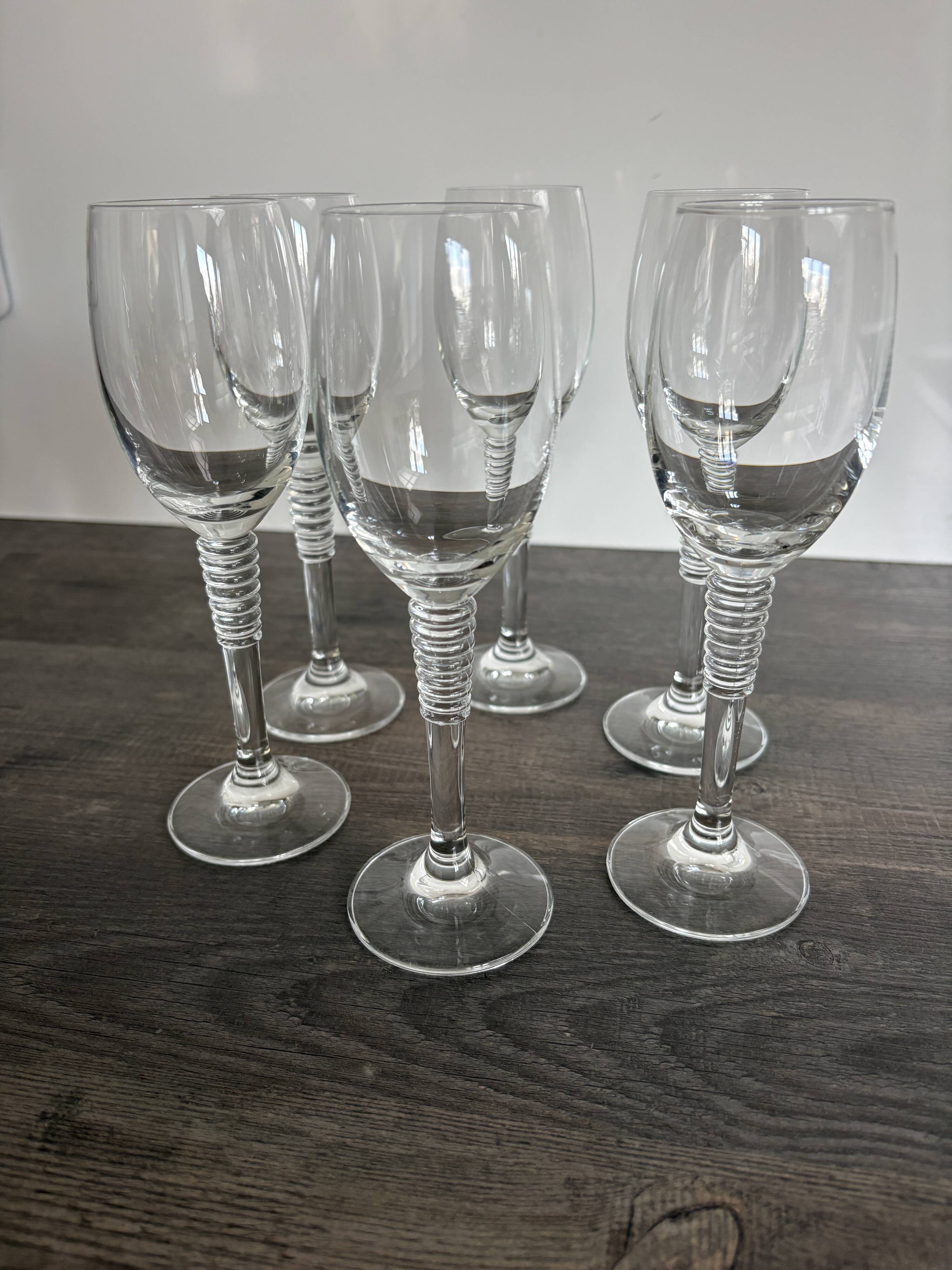 6 Vintage Ribbed Stem Crystal Glasses