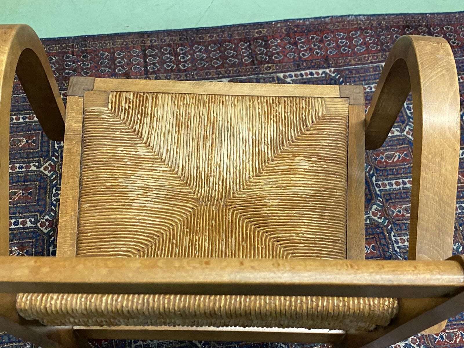Pair of beech and straw armchairs