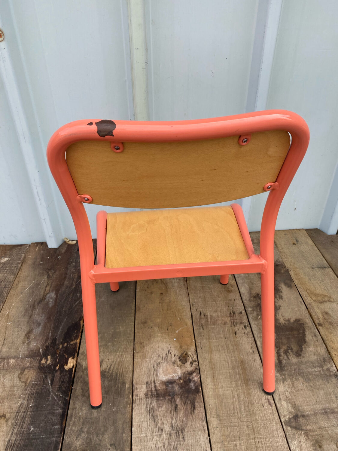 Chaise Ancienne Écolier Maternelle Tube Métal Rose & Bois 70’s Vintage