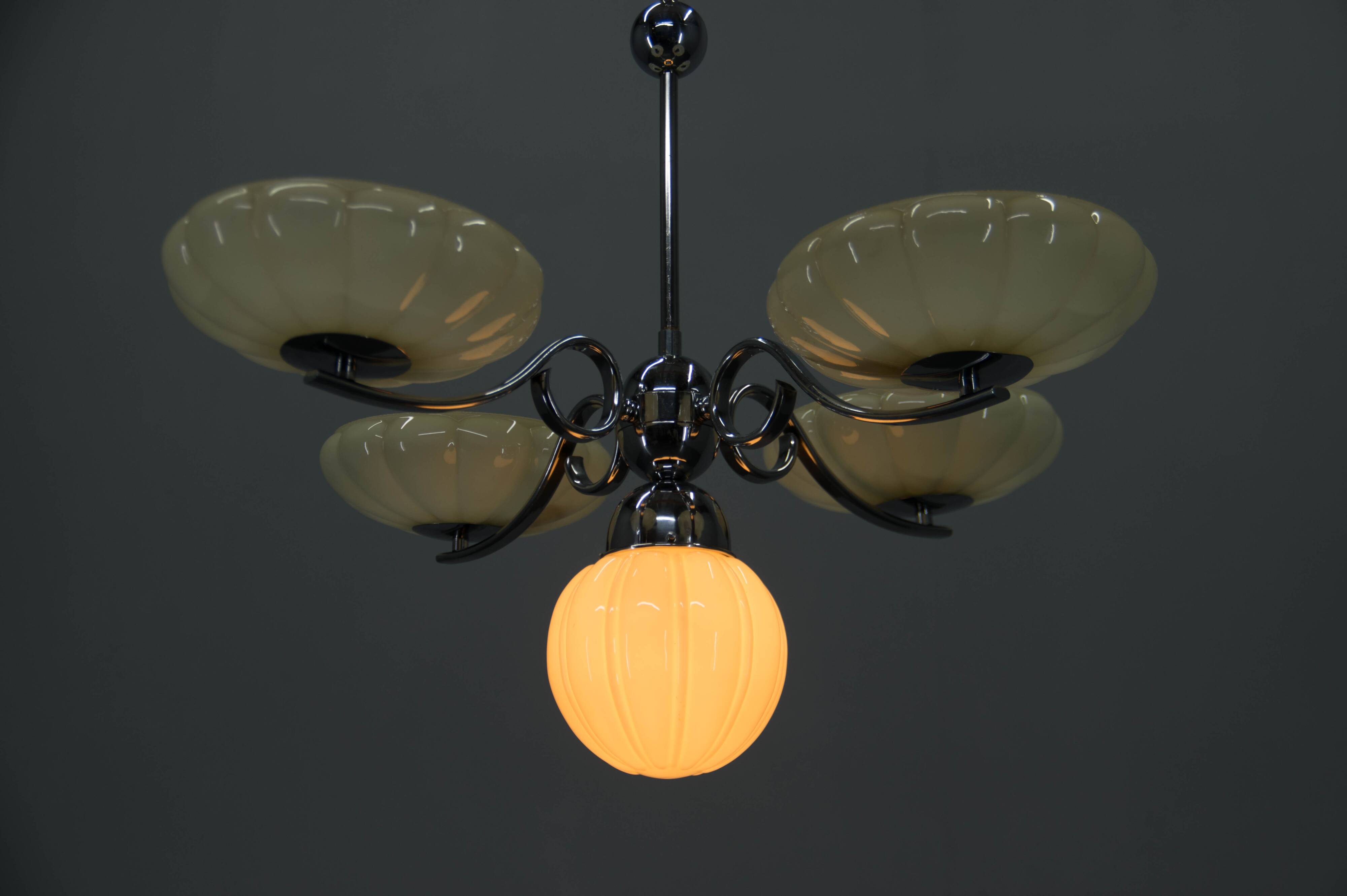 Art Deco Chrome and Glass Chandelier, 1930s
