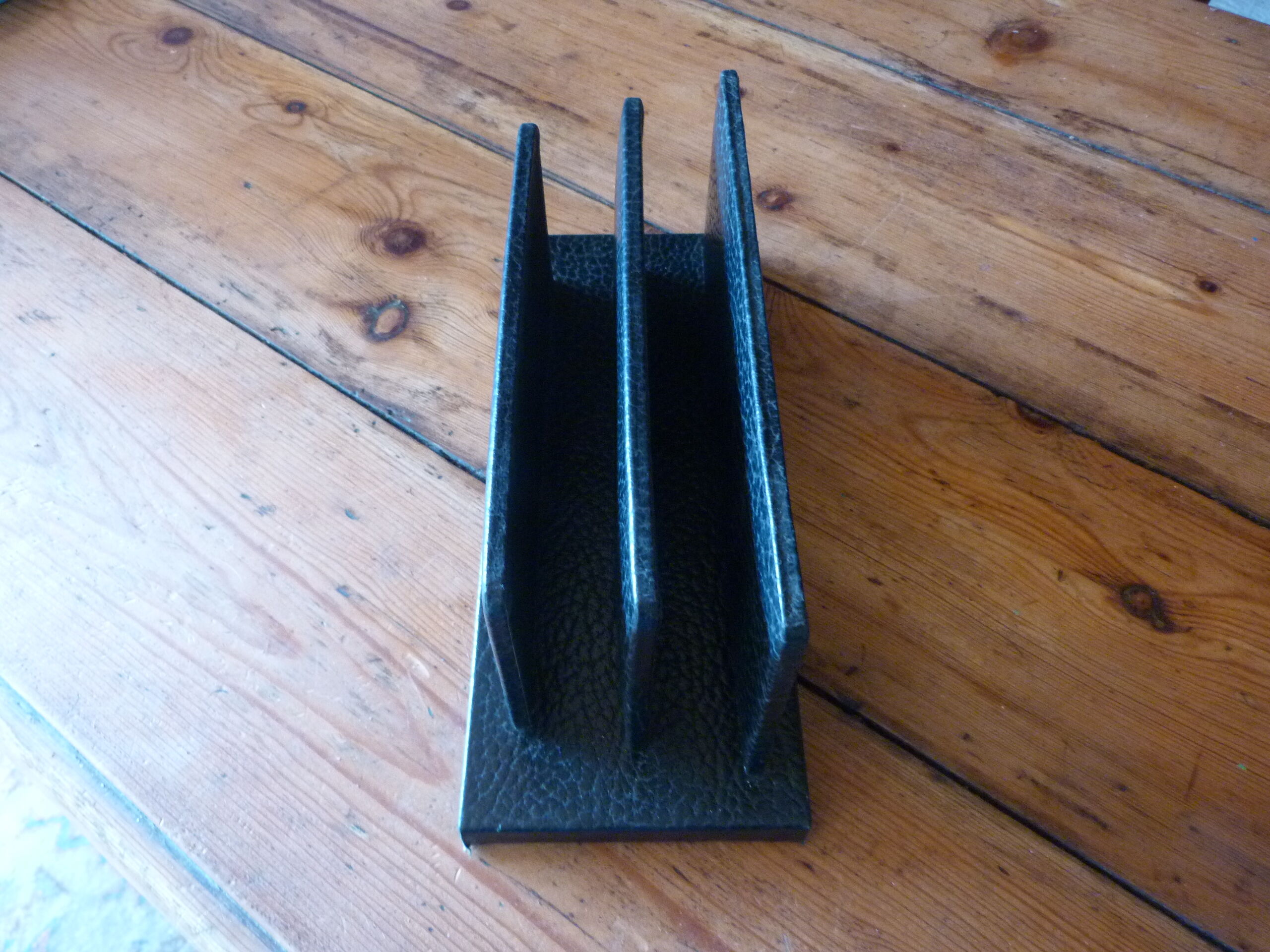 Vintage letter holder in black leather relief office accessory