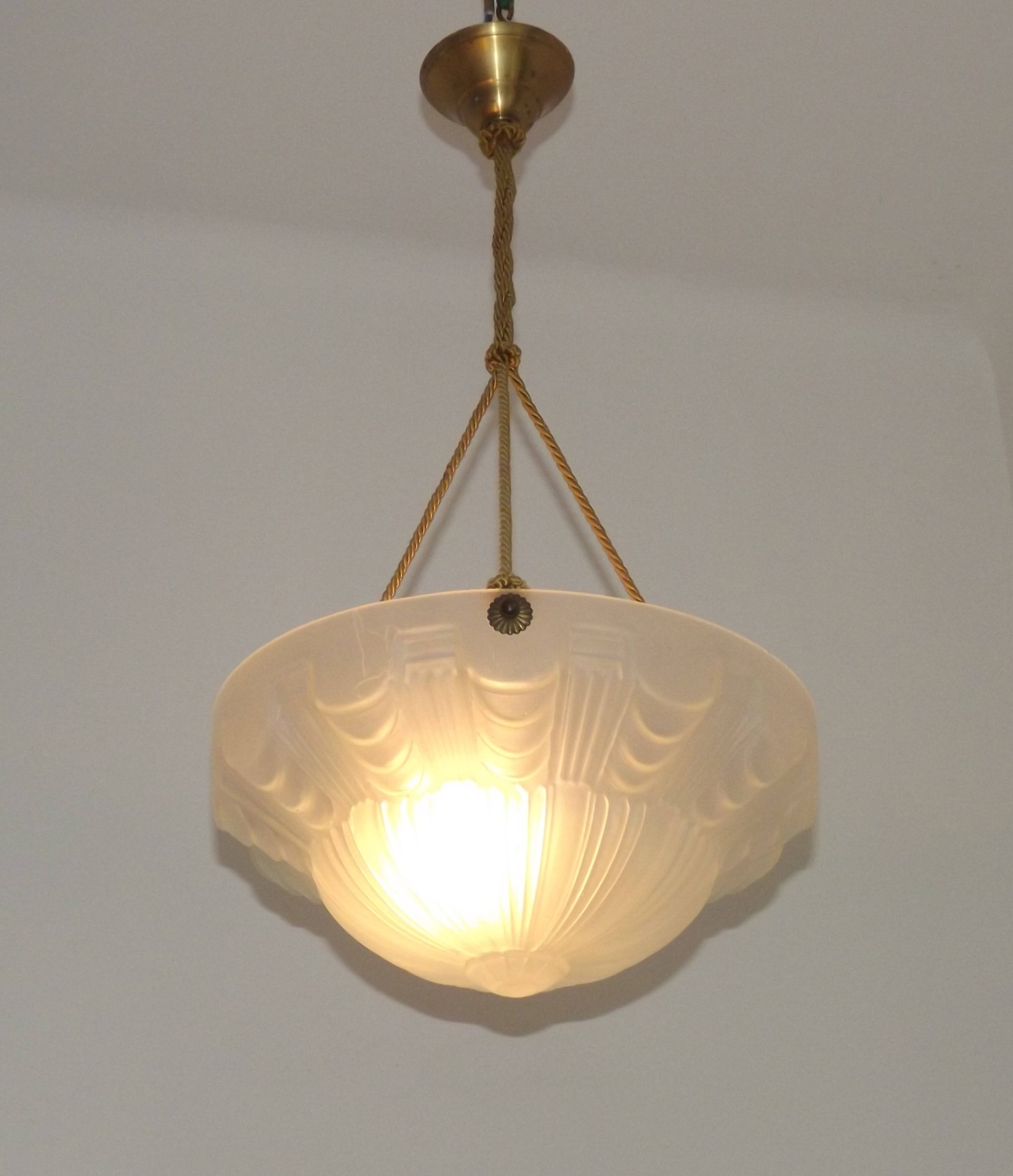 Vintage French 1930s Art Deco Gometric White Glass Ceiling Light