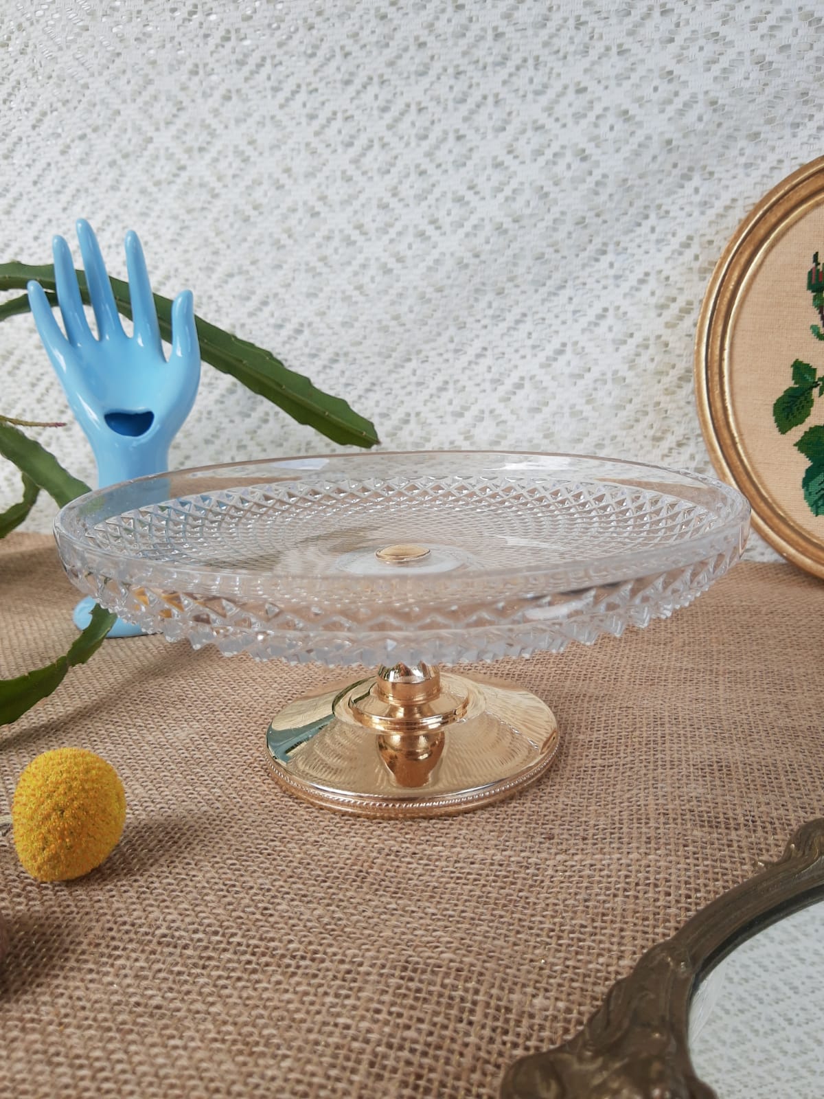 Glass and gold metal cake display - vintage